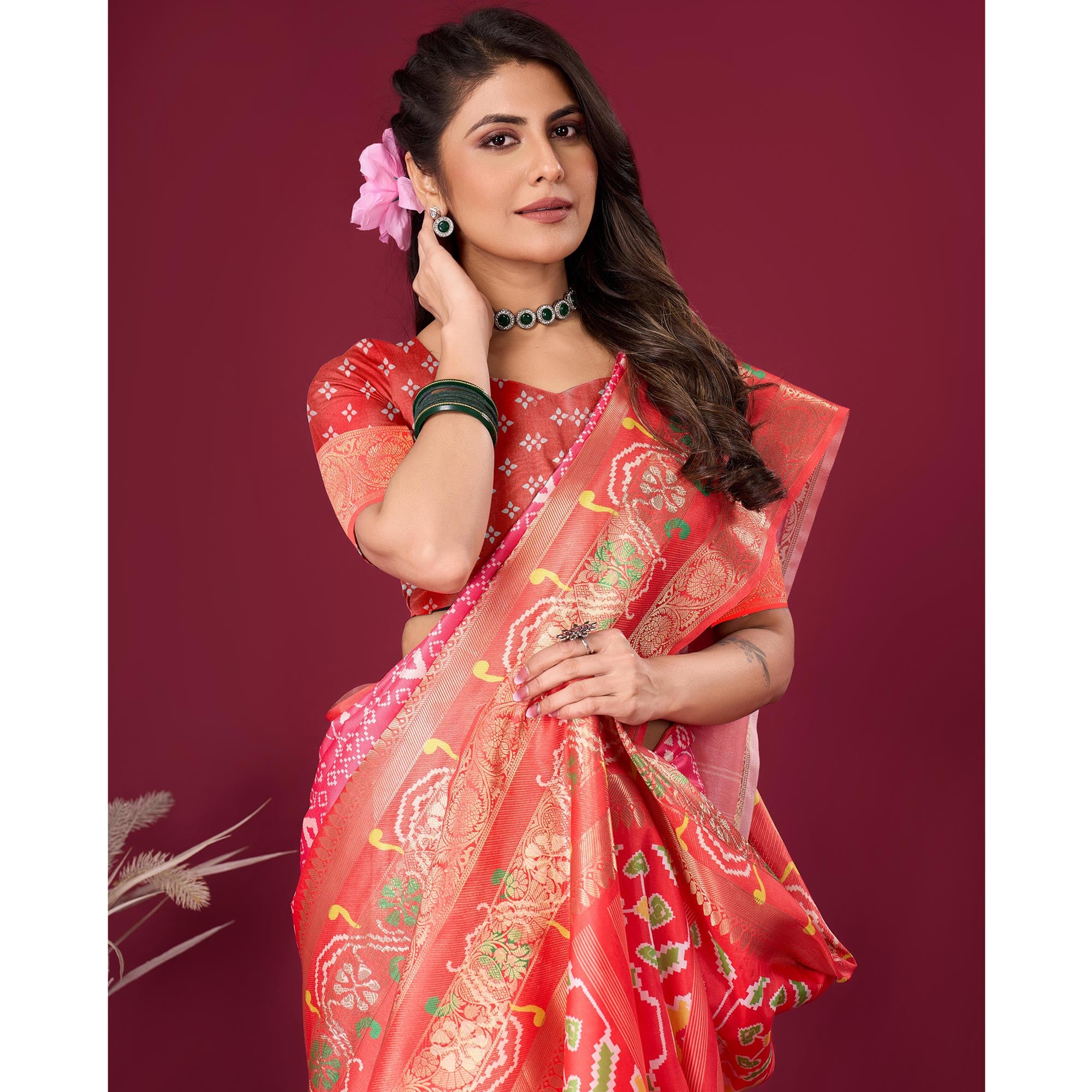 Pink & Red Digital Patola Printed With Woven Border Dola Silk Saree