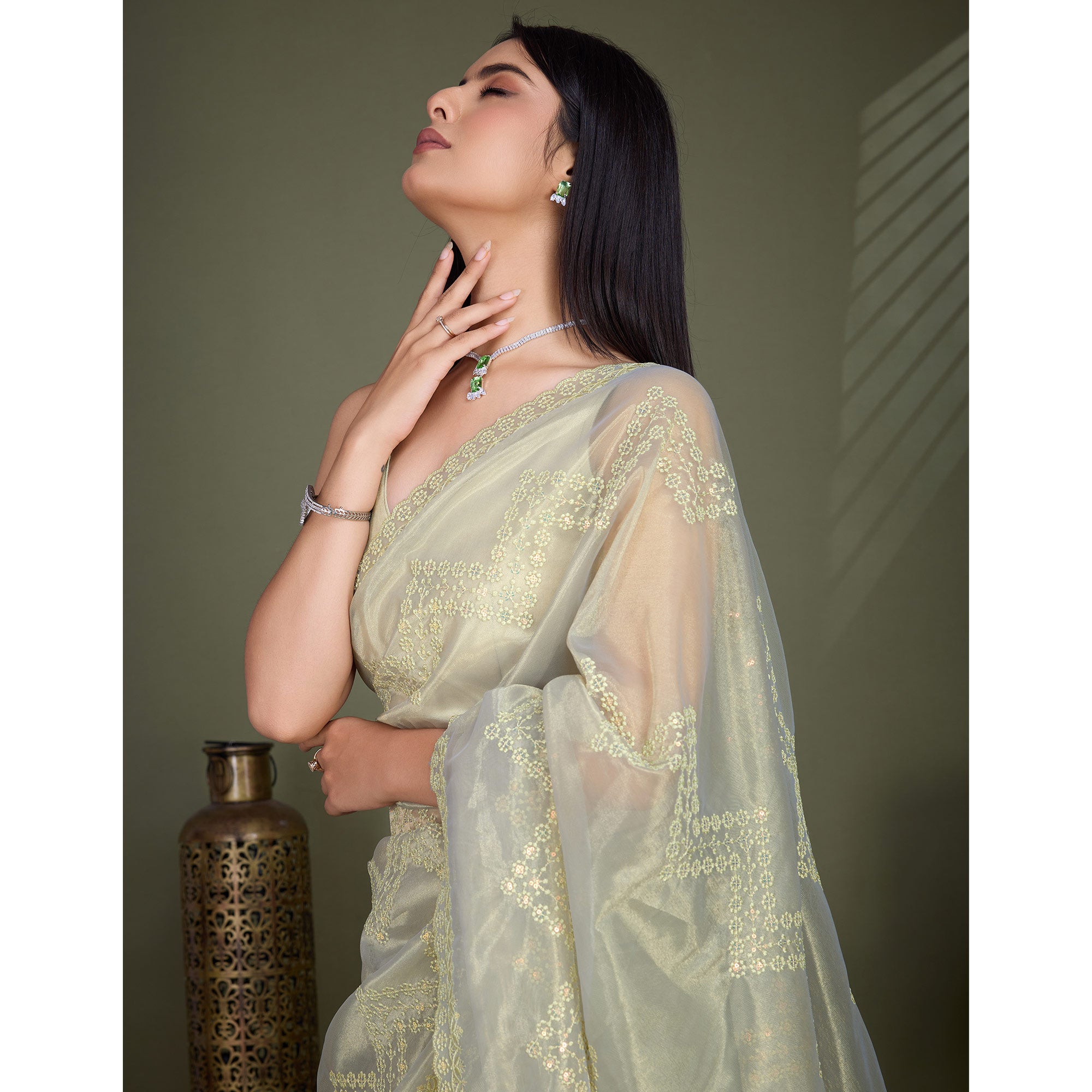 Light Olive Green Sequins Embroidered Shimmer Net Saree