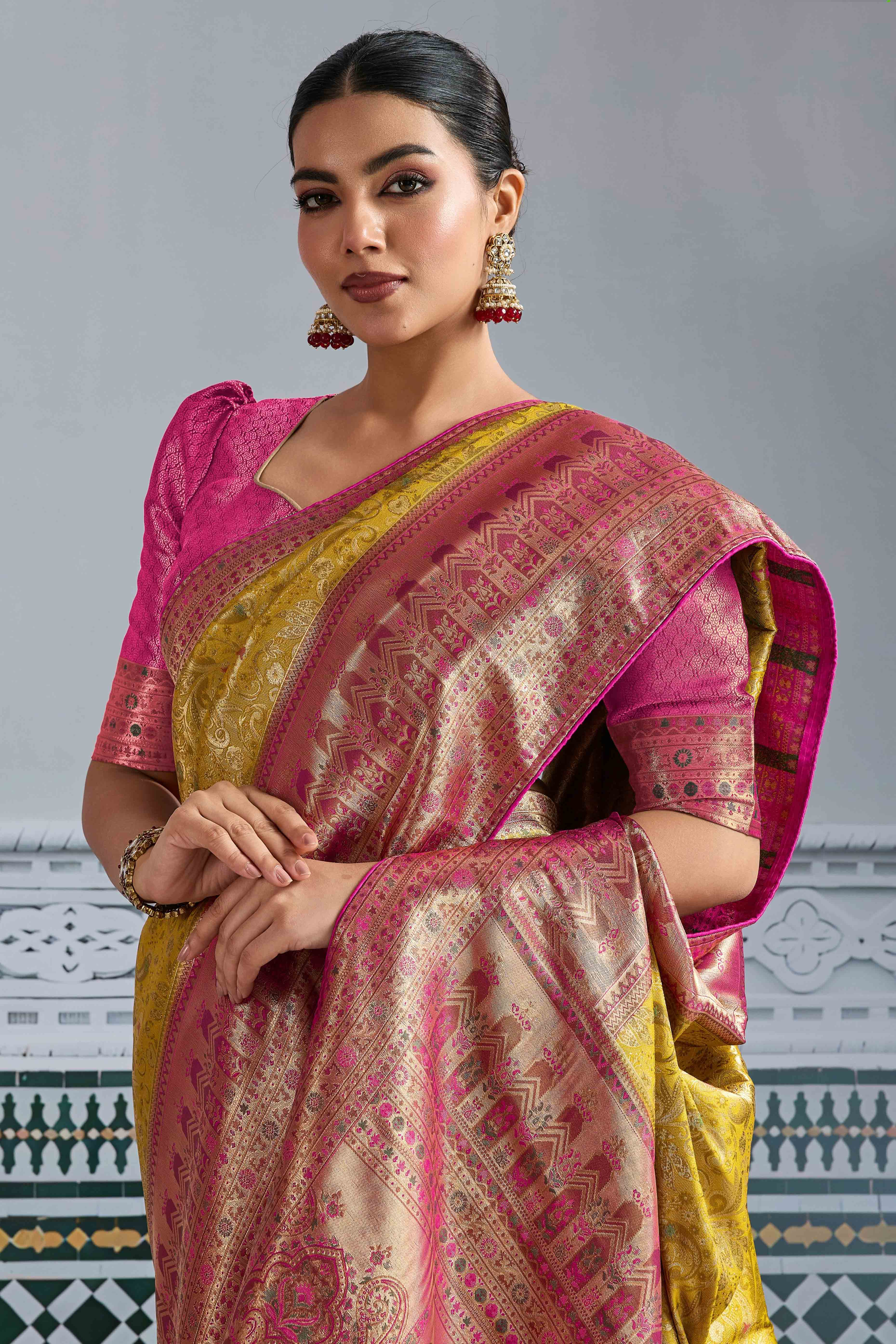 Mustard Floral Meenakari Weaving Kanjivaram Silk Saree With Rich Piping & Tassel Pallu