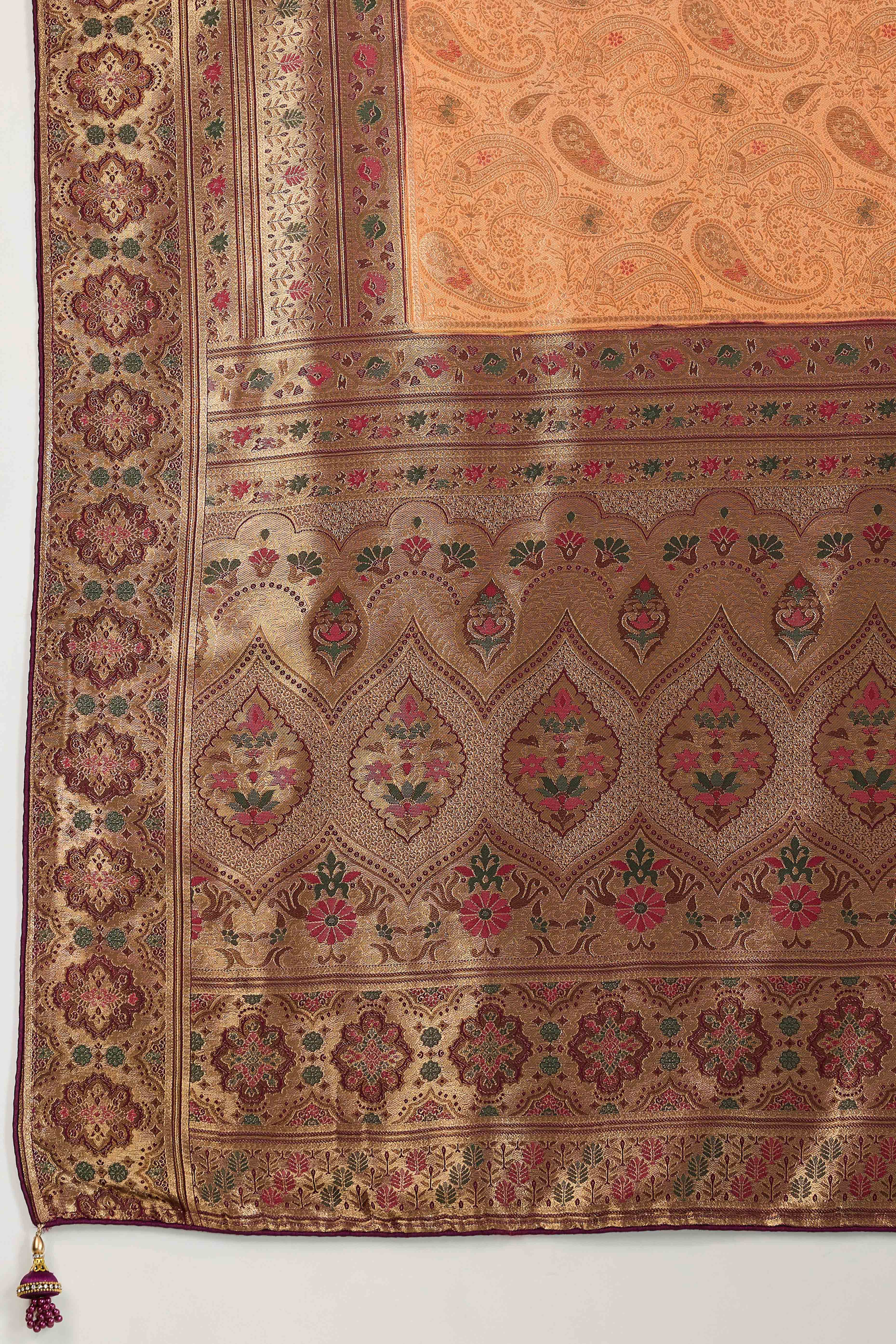 Peach Meenakari Woven Kanjivaram Silk Saree For Festive Elegance