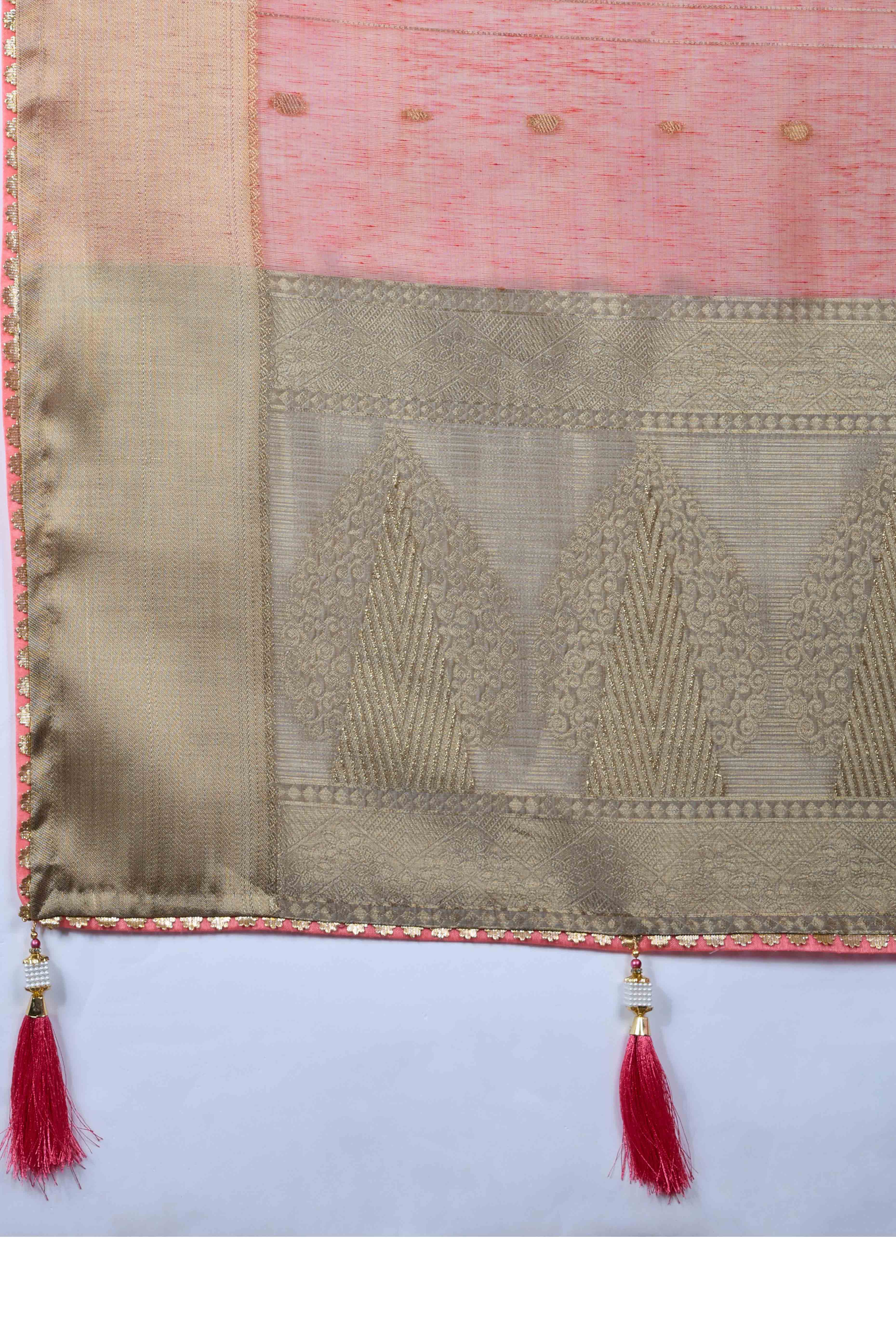 Baby Pink Ethnic Cotton Blend Saree with Shimmering Zari Butti Weaves