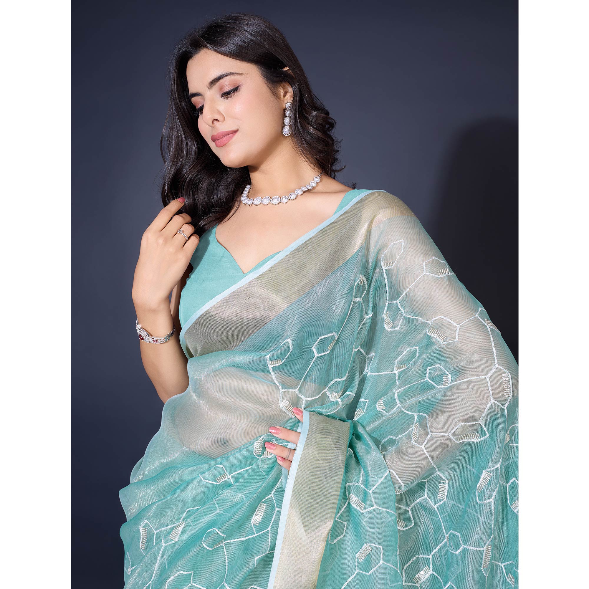 Blue Sequins Embroidered Cotton Silk Saree