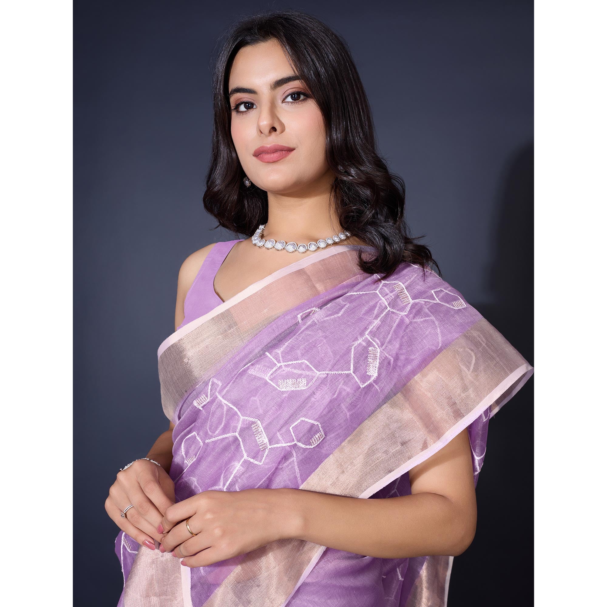 Lavender Sequins Embroidered Cotton Silk Saree