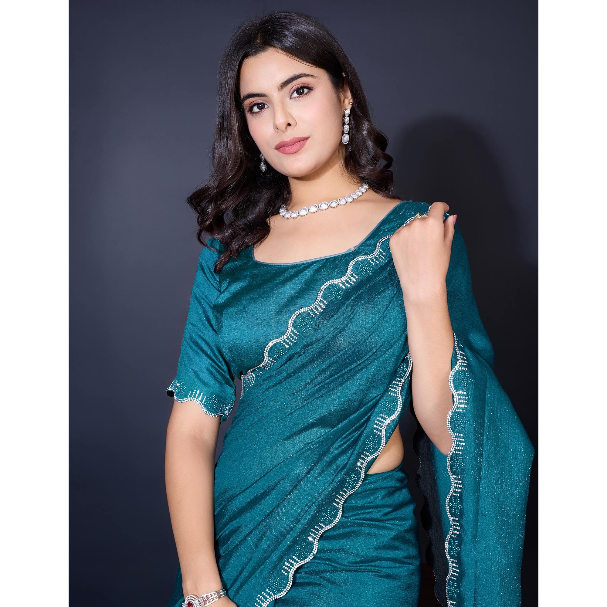 Teal Pearl Work Embroidered Khaadi Saree