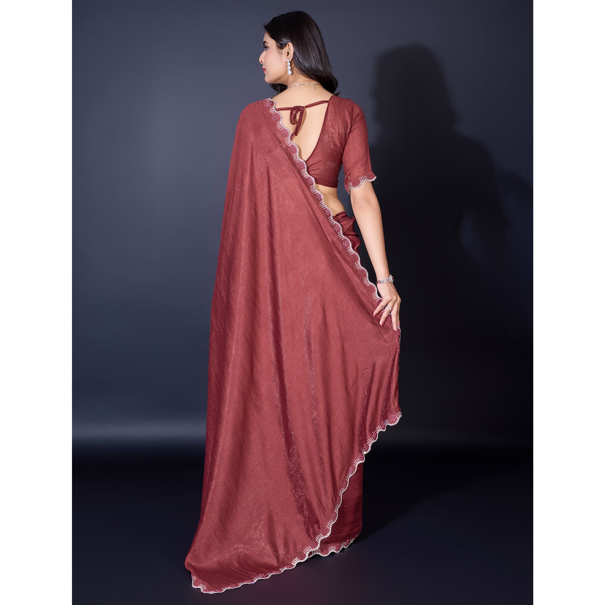 Brown Pearl Work Embroidered Khaadi Saree