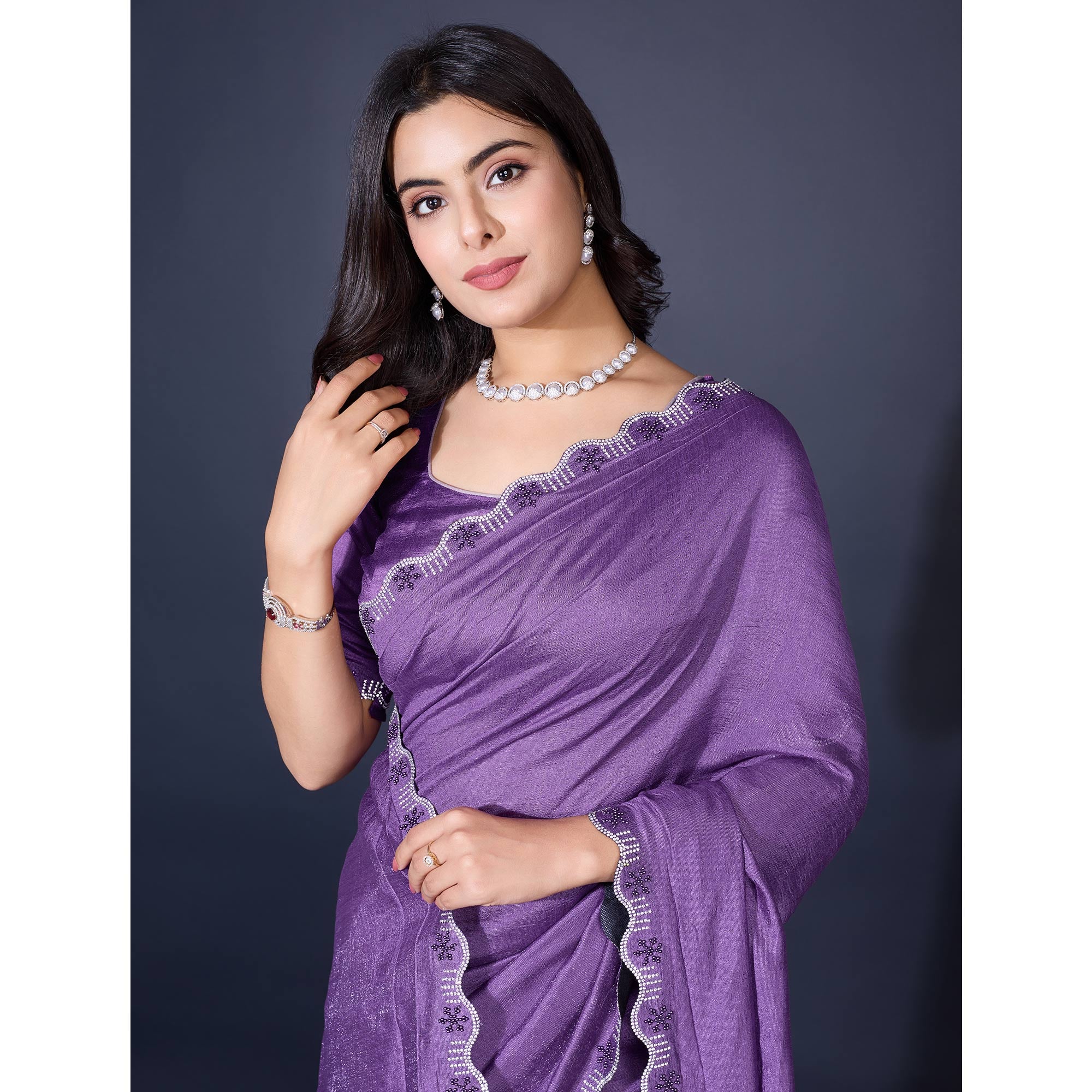 Lavender Pearl Work Embroidered Khaadi Saree