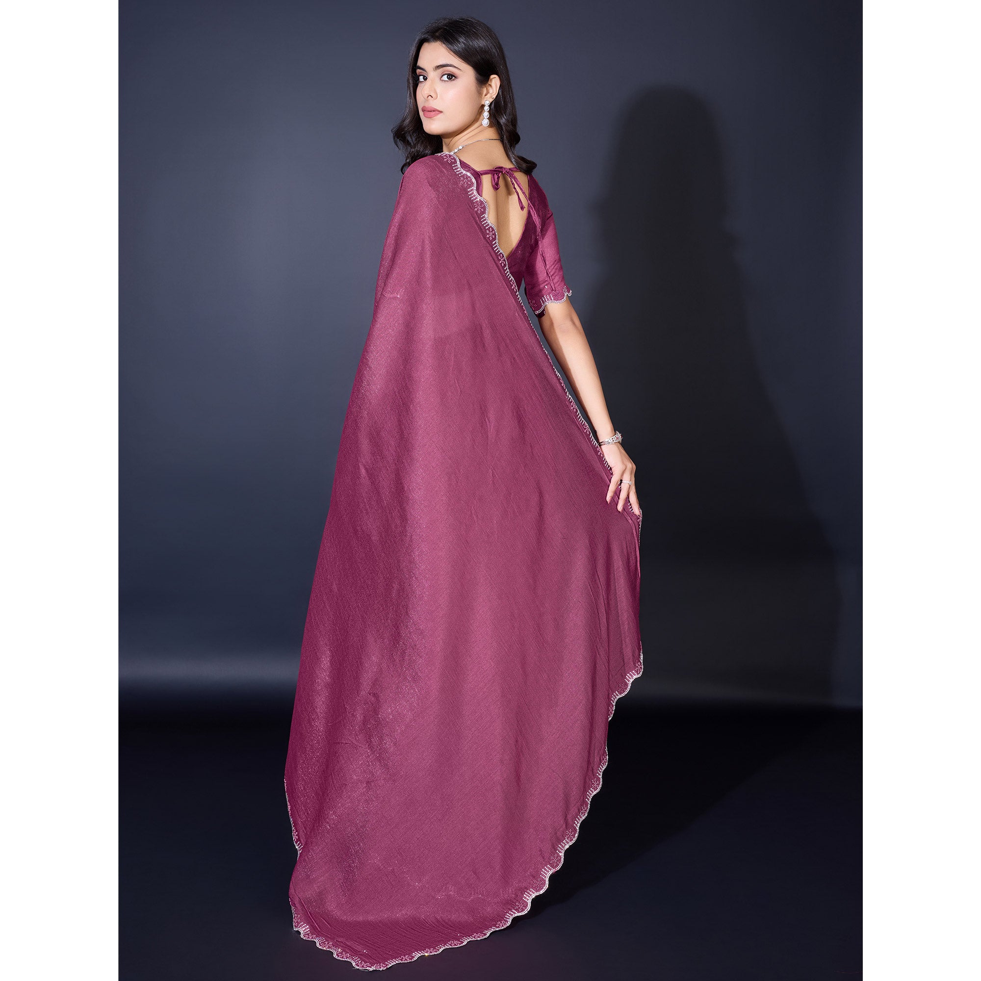 Mauve Pearl Work Embroidered Khaadi Saree