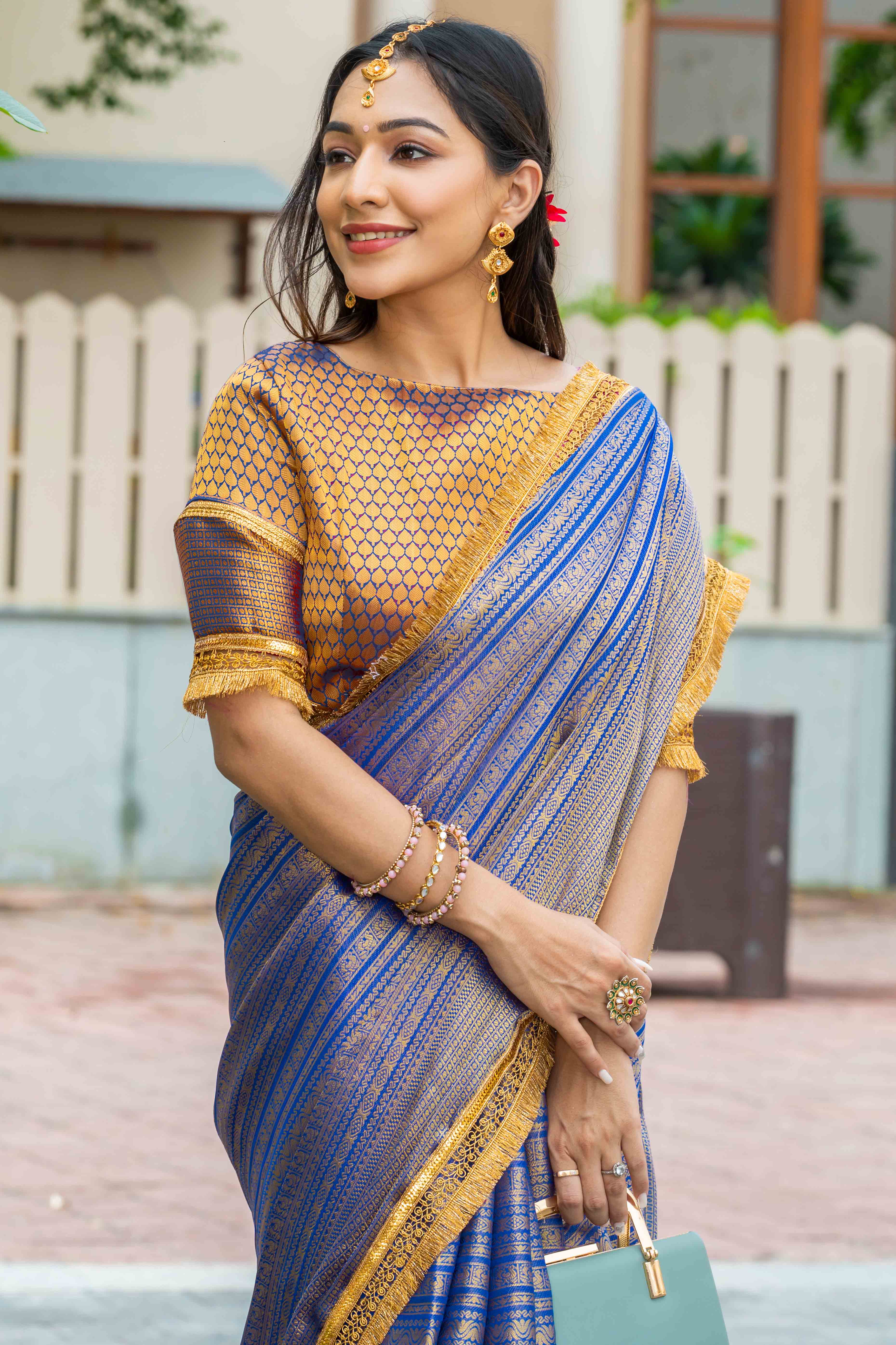 Blue Zari Weaving Mysore Brocade Silk Saree With Zari Border