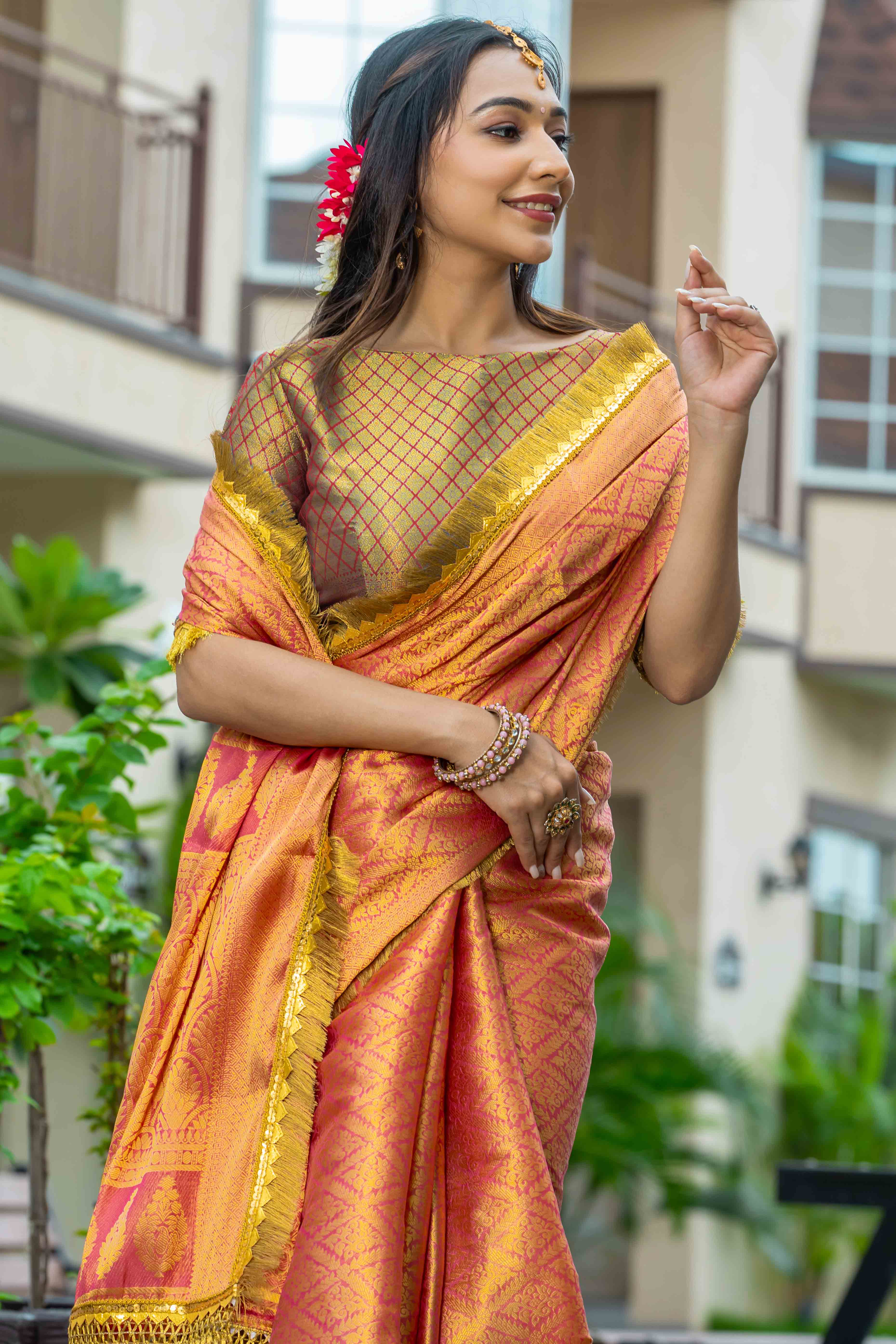 Orange Zari Weaving Mysore Brocade Silk Saree With Zari Border