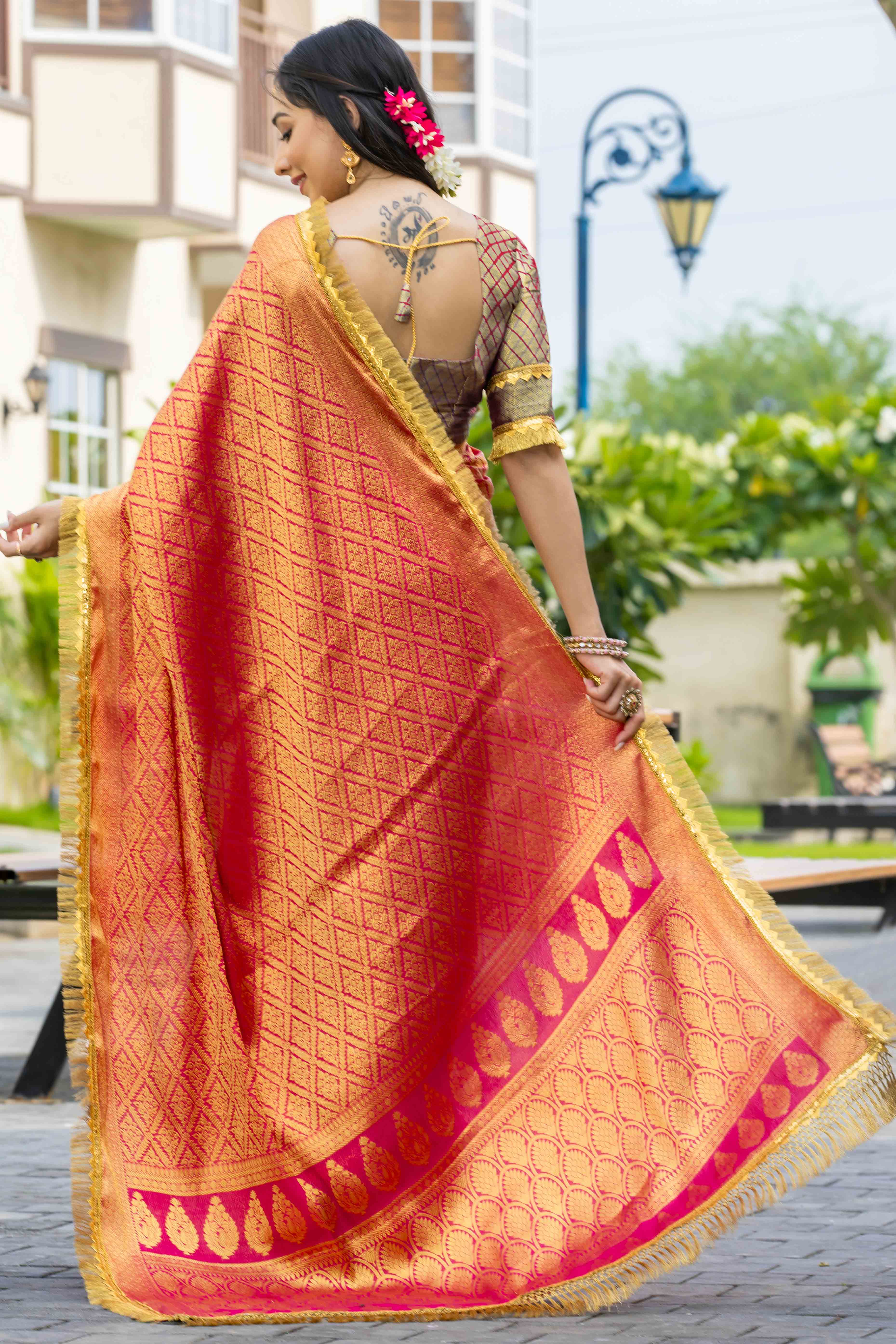 Pink Zari Weaving Mysore Brocade Silk Saree With Zari Border
