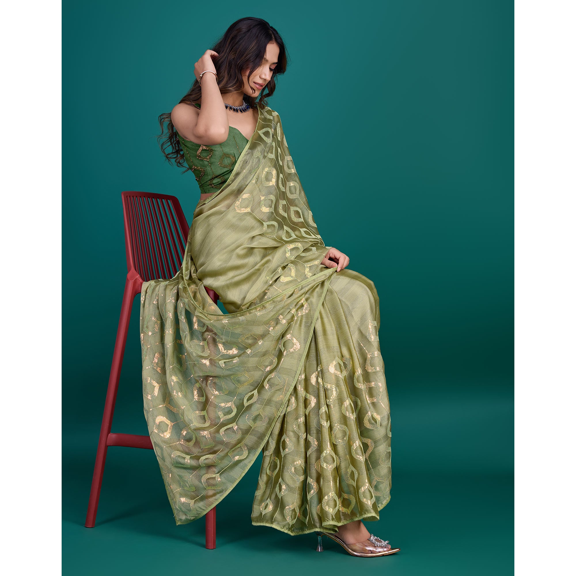 Green Sequins Embroidered Georgette Saree