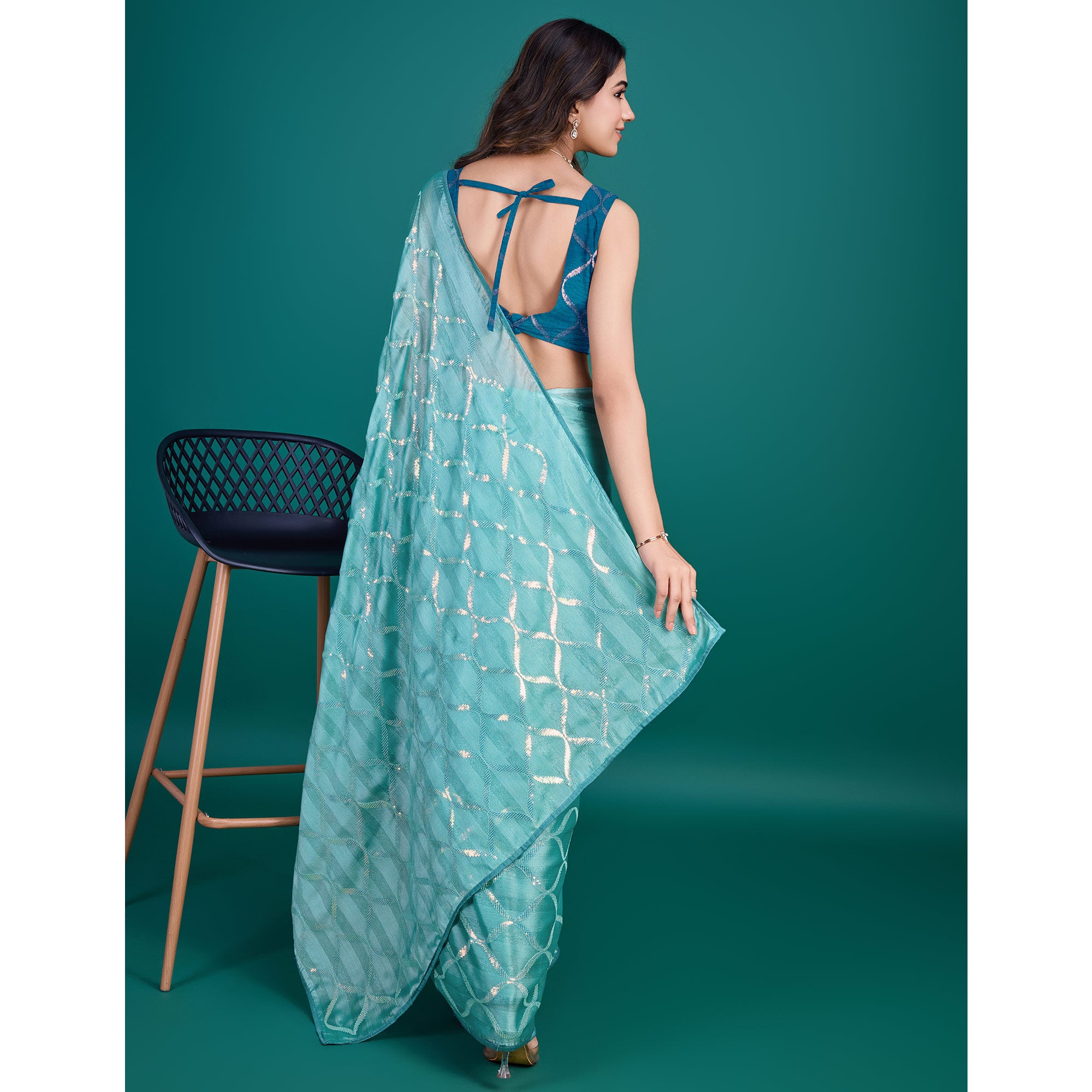Turquoise Sequins Embroidered Georgette Saree