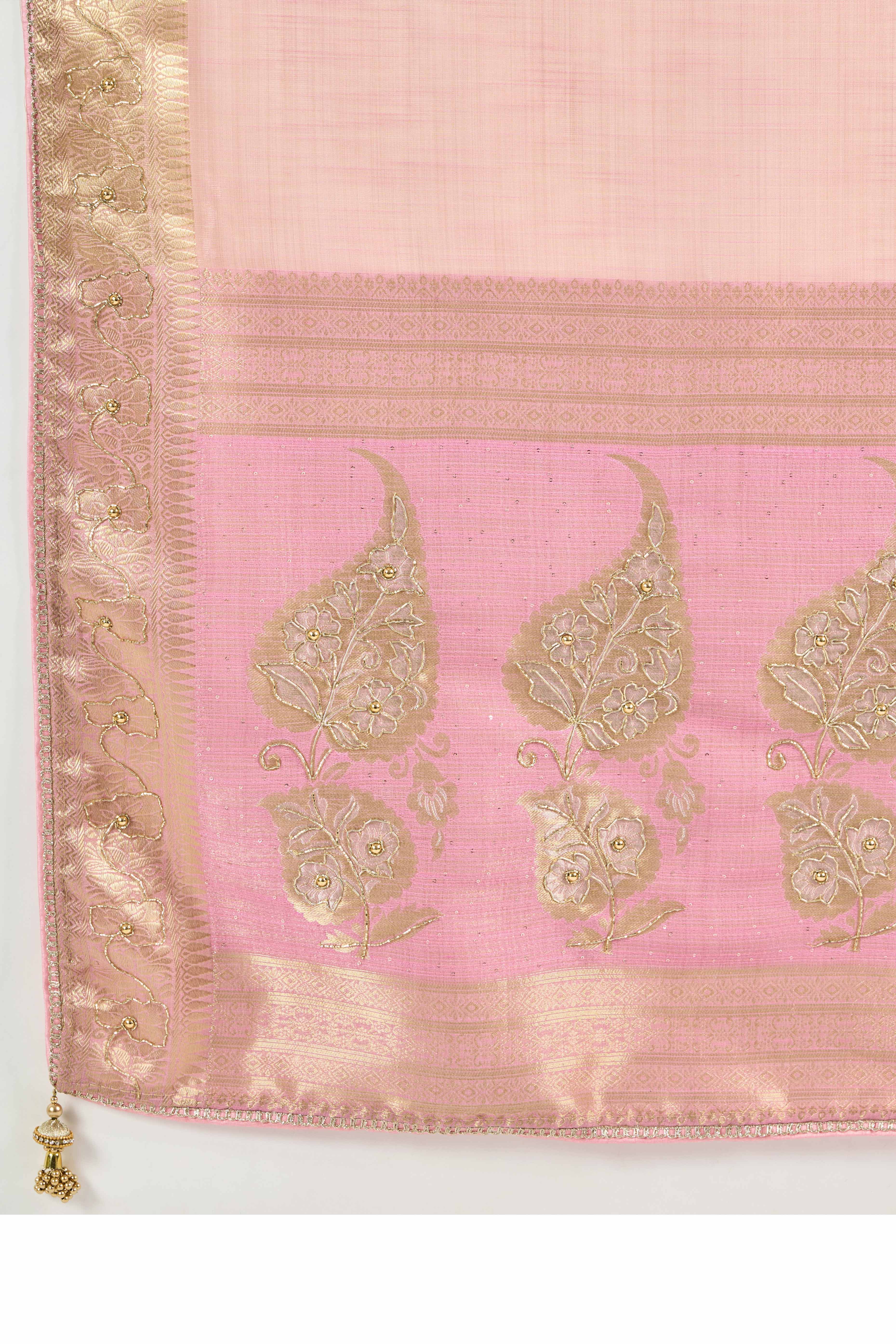 Pink Tissue Linen Saree Adorned With Intricate Zardosi & Pearl Cutdana Hand Embroidery