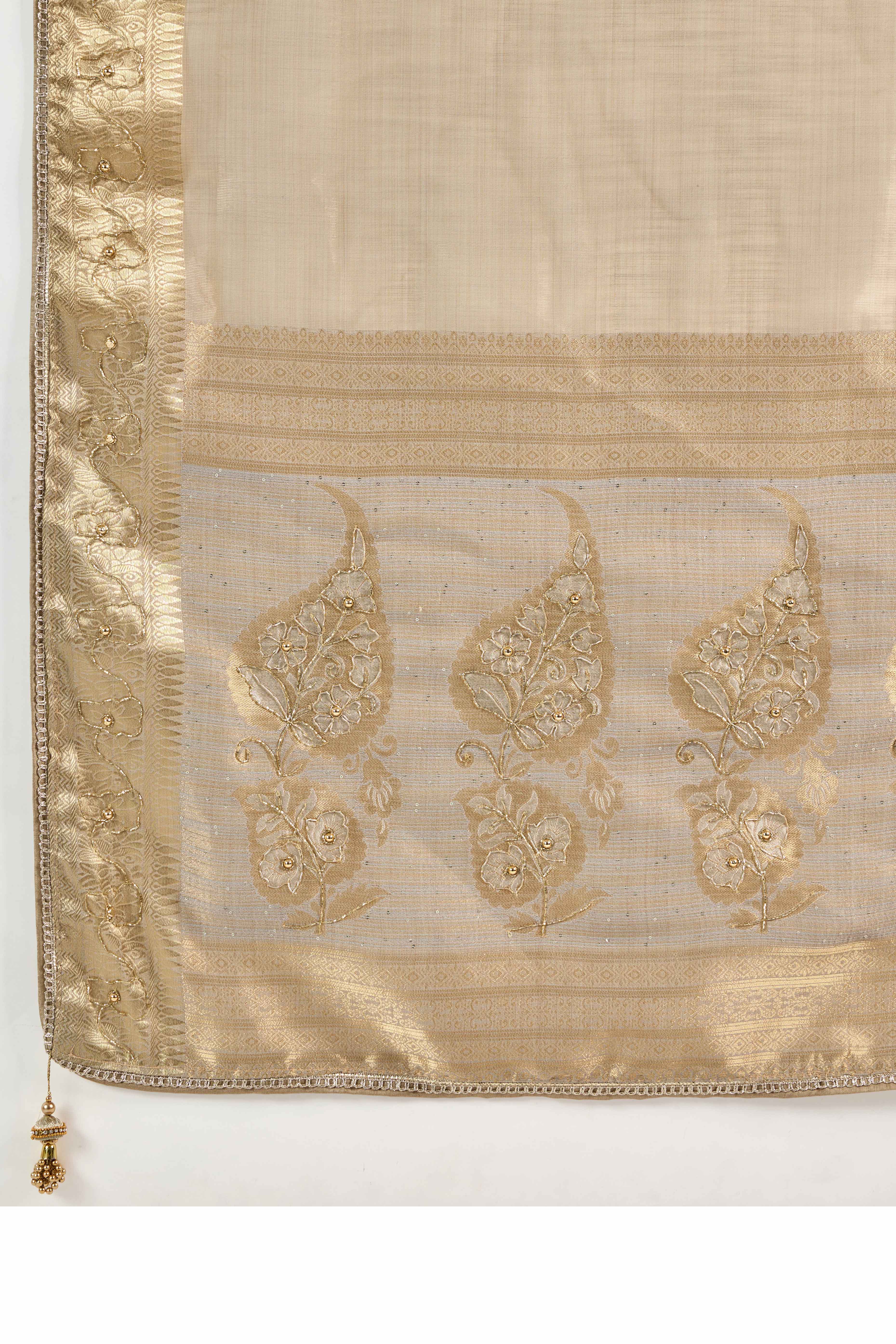 Grey Tissue Linen Saree Adorned With Intricate Zardosi & Pearl Cutdana Hand Embroidery