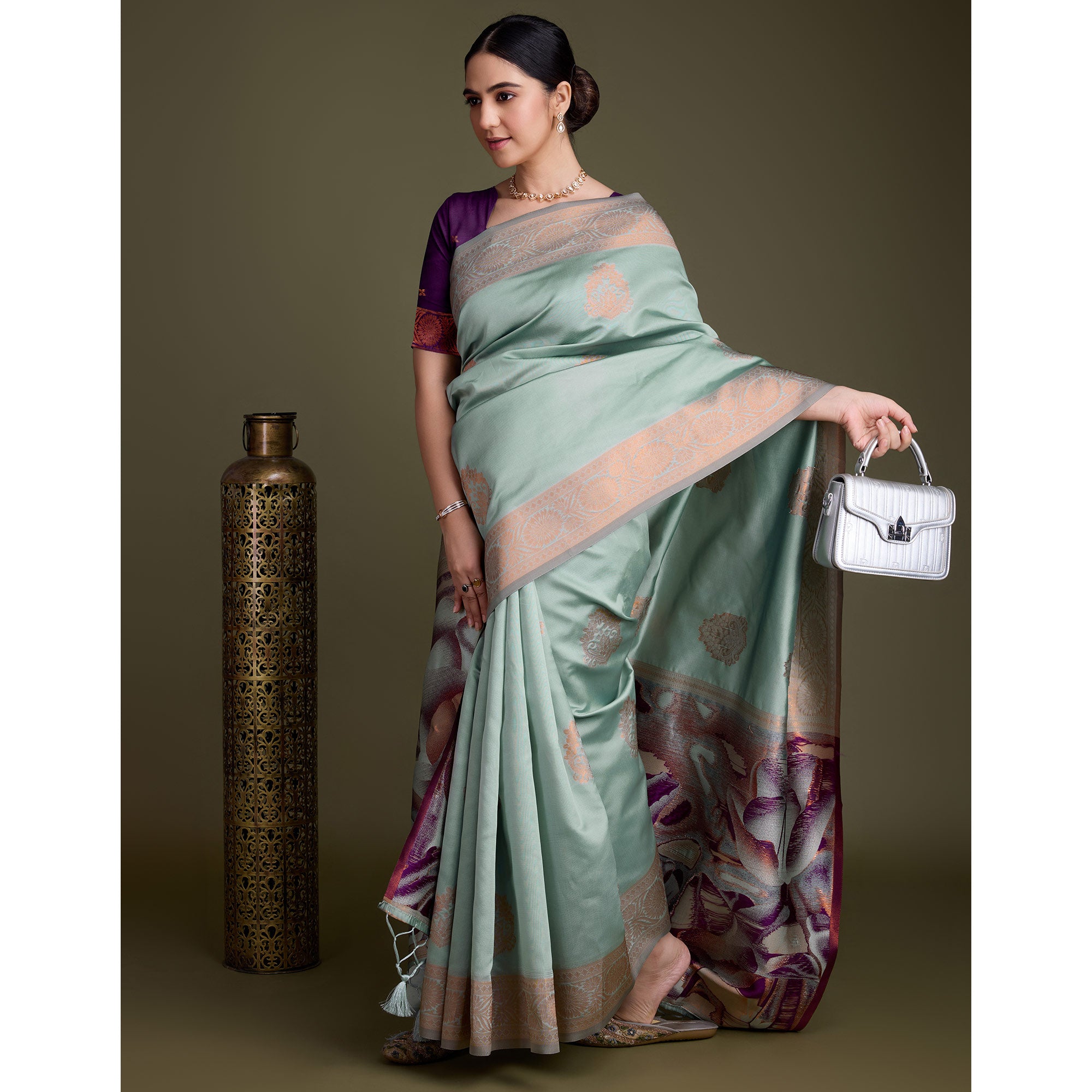 Sea Green Floral Woven Banarasi Silk Saree