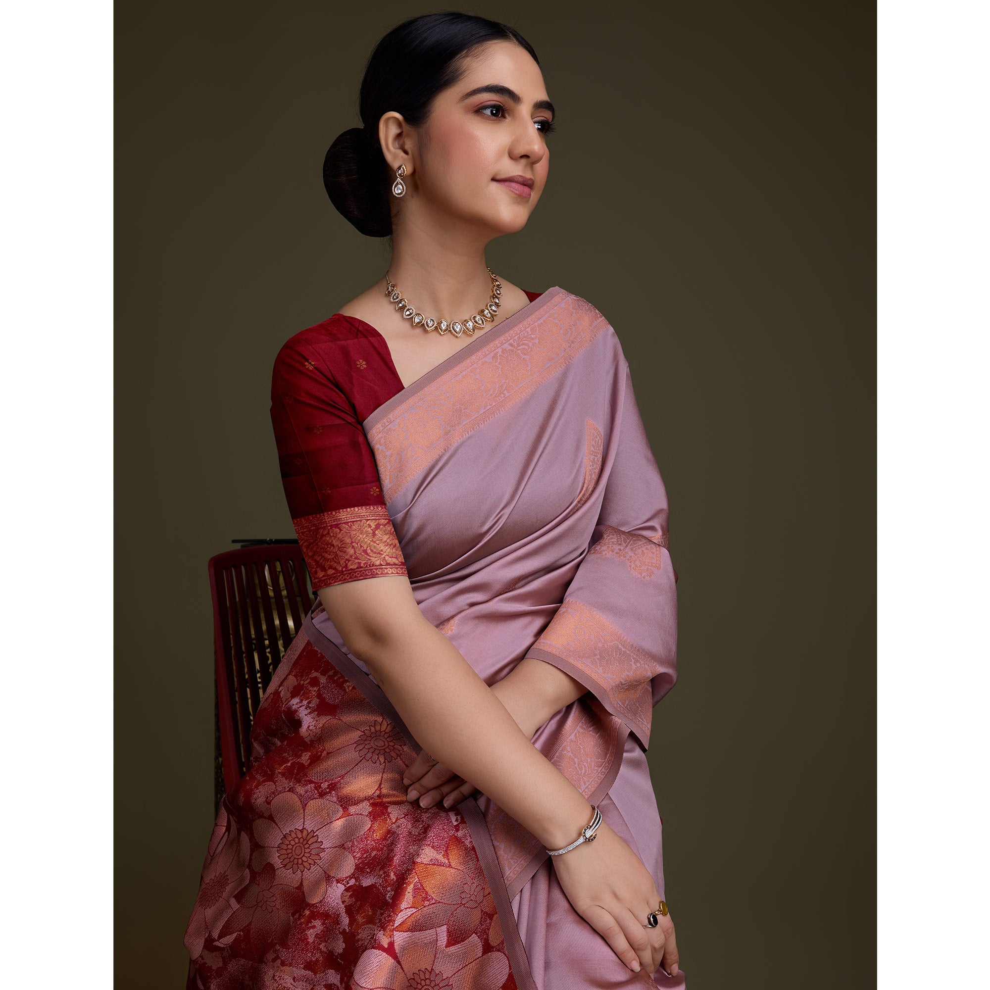 Dusty Pink Floral Woven Banarasi Silk Saree