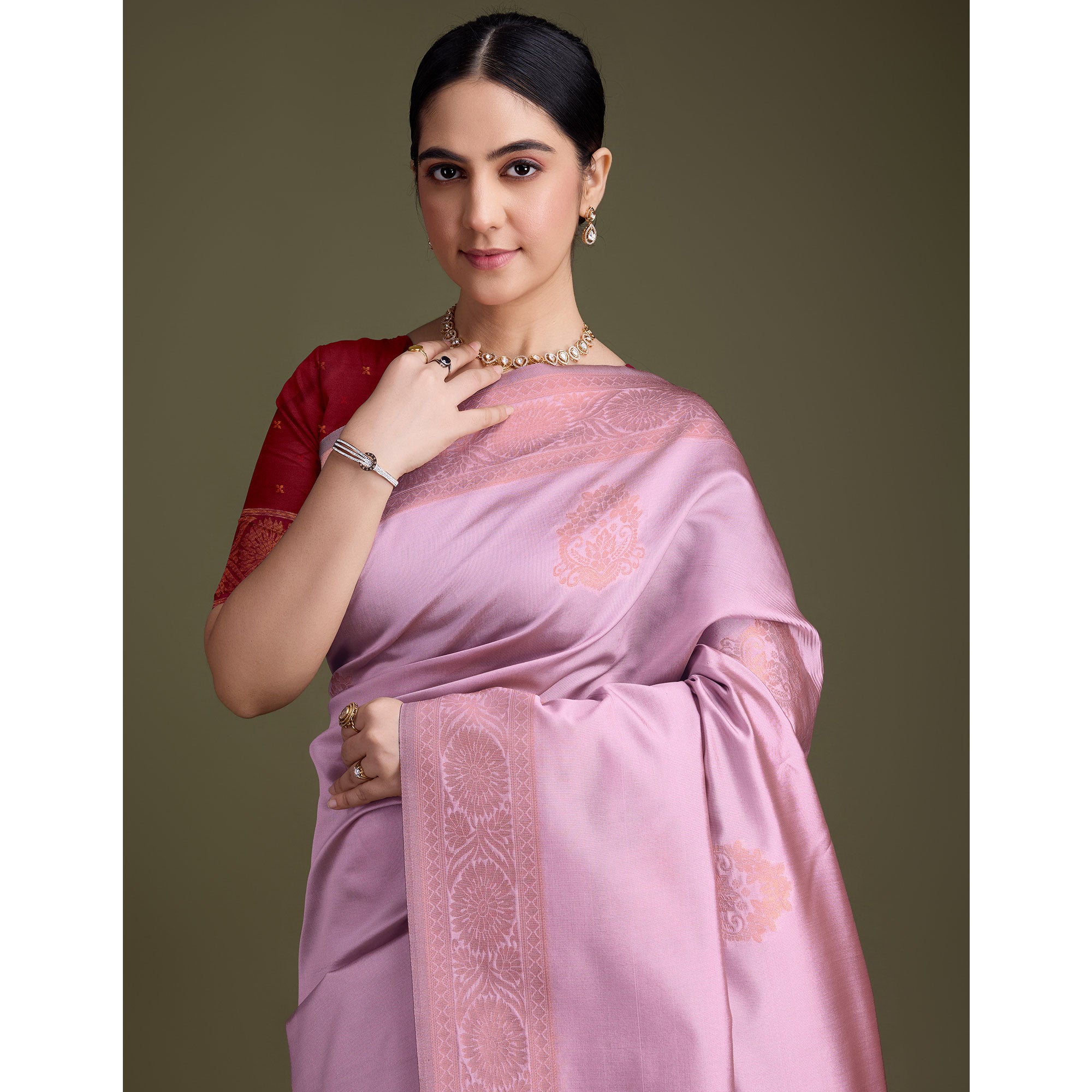 Pink Floral Woven Banarasi Silk Saree