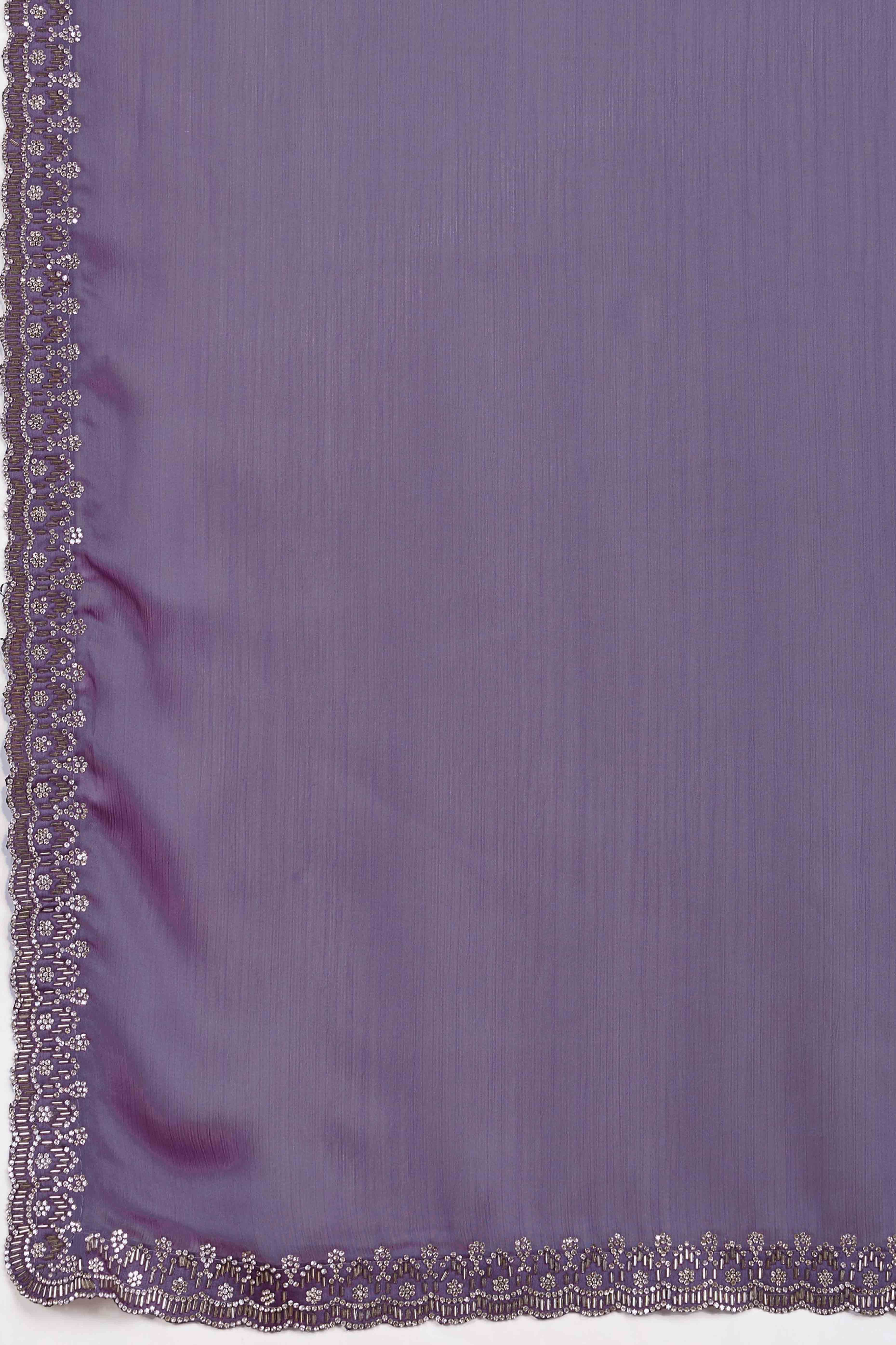 Lavender Solid Satin Chiffon Saree With Cutdana & Zarkan Handwork