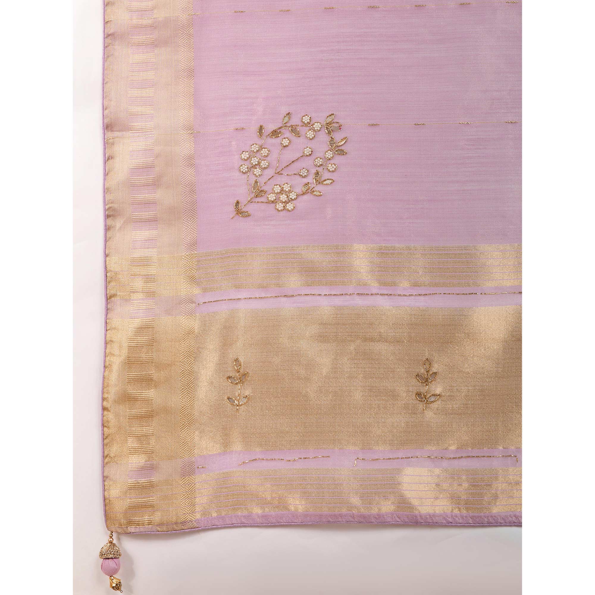 Lilac Purple Linen Tissue Saree With Hand-Stitched Moti & Cutdana Work
