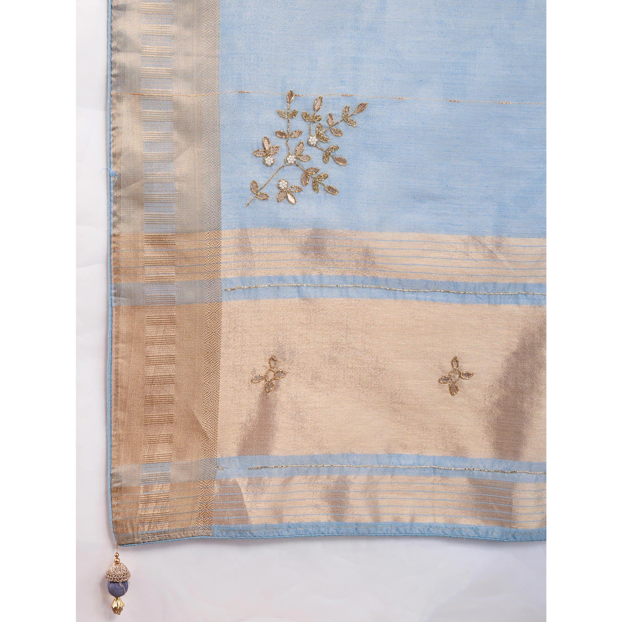 Bluyish Grey Linen Tissue Saree With Hand-Stitched Moti & Cutdana Work