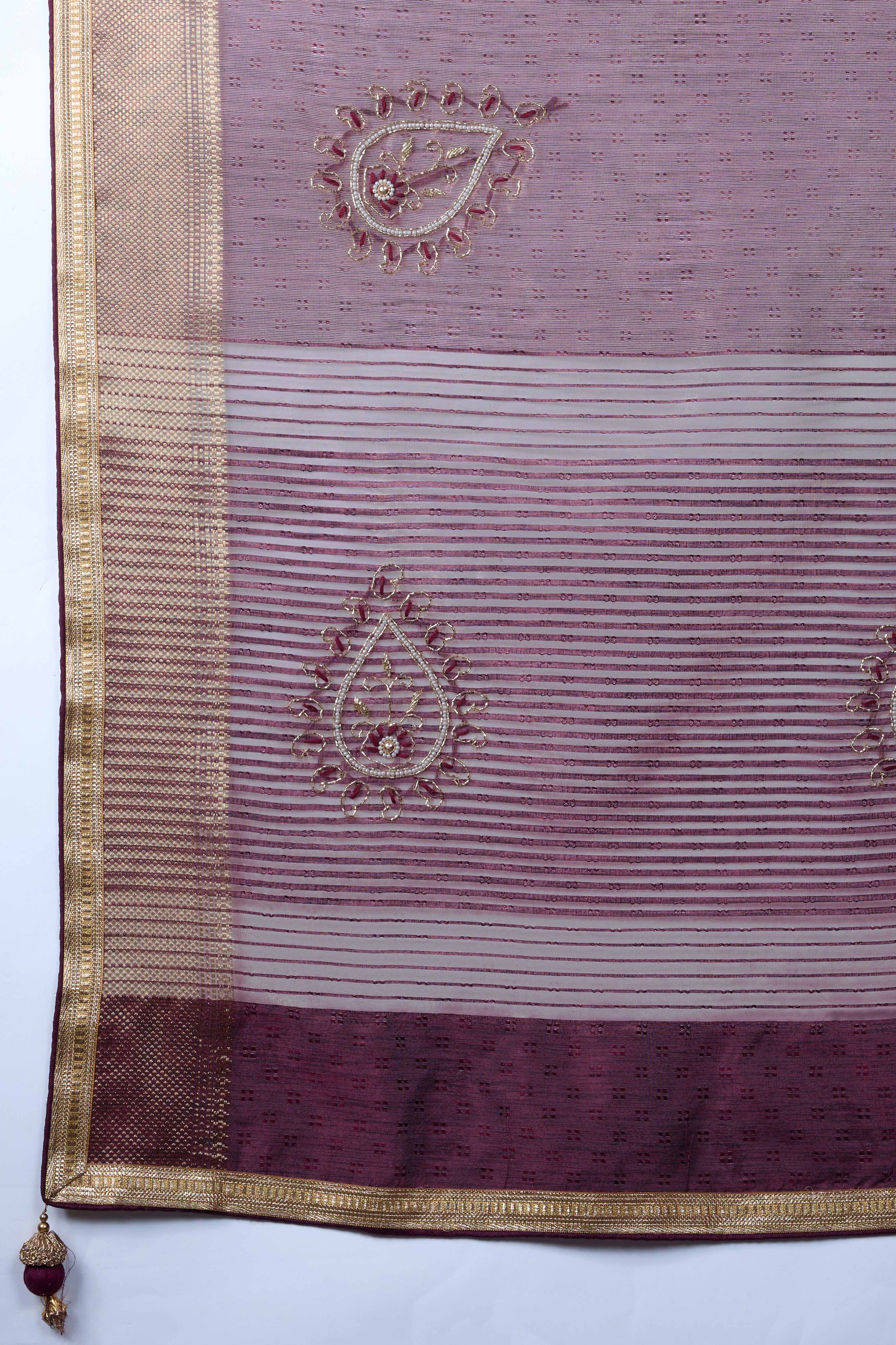 Purple Woven Linen Tissue Saree Featuring Beads Embellishment