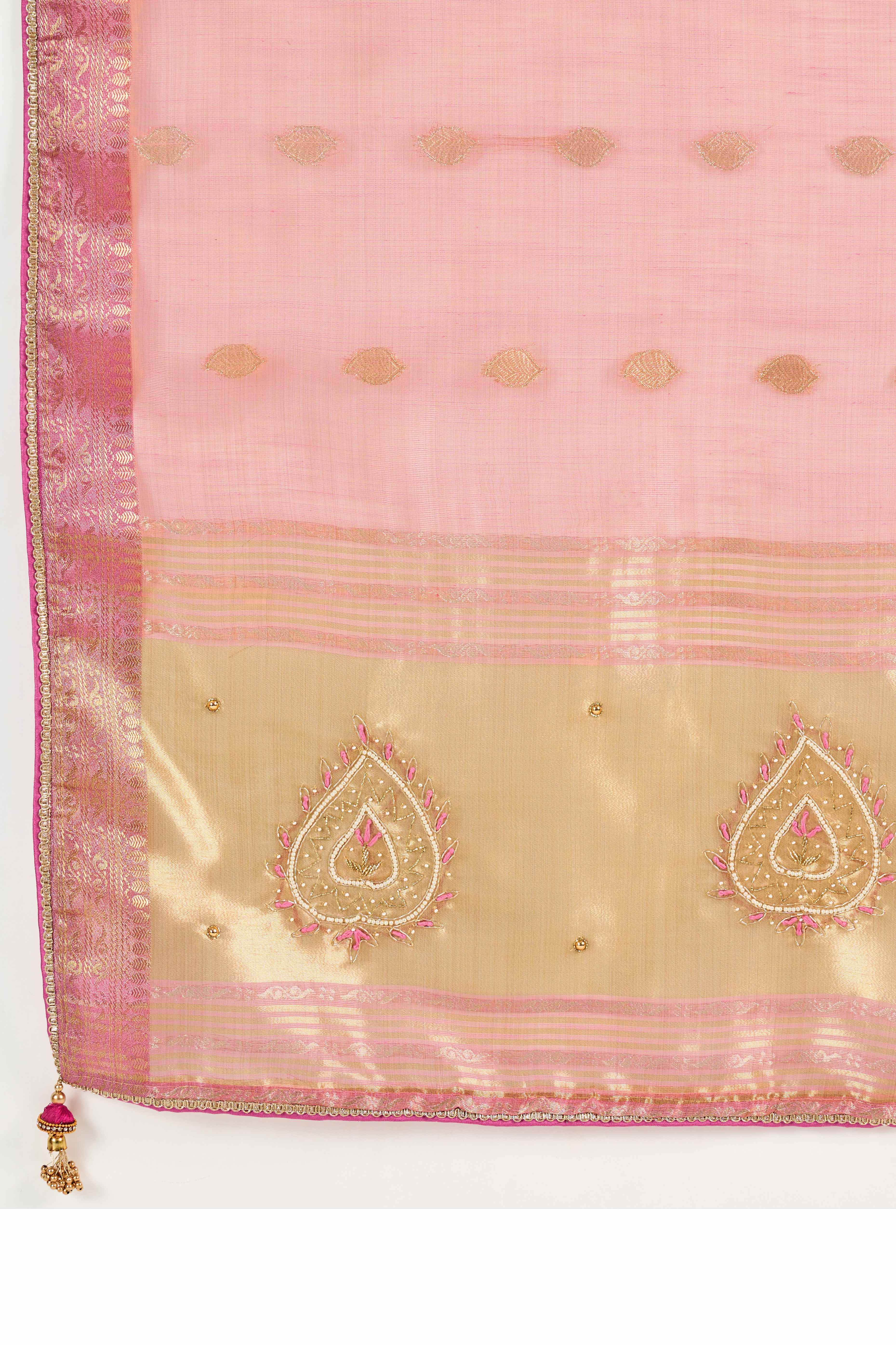 Pink Designer Tissue Linen Woven Saree with Luxe Zari and Beads Work