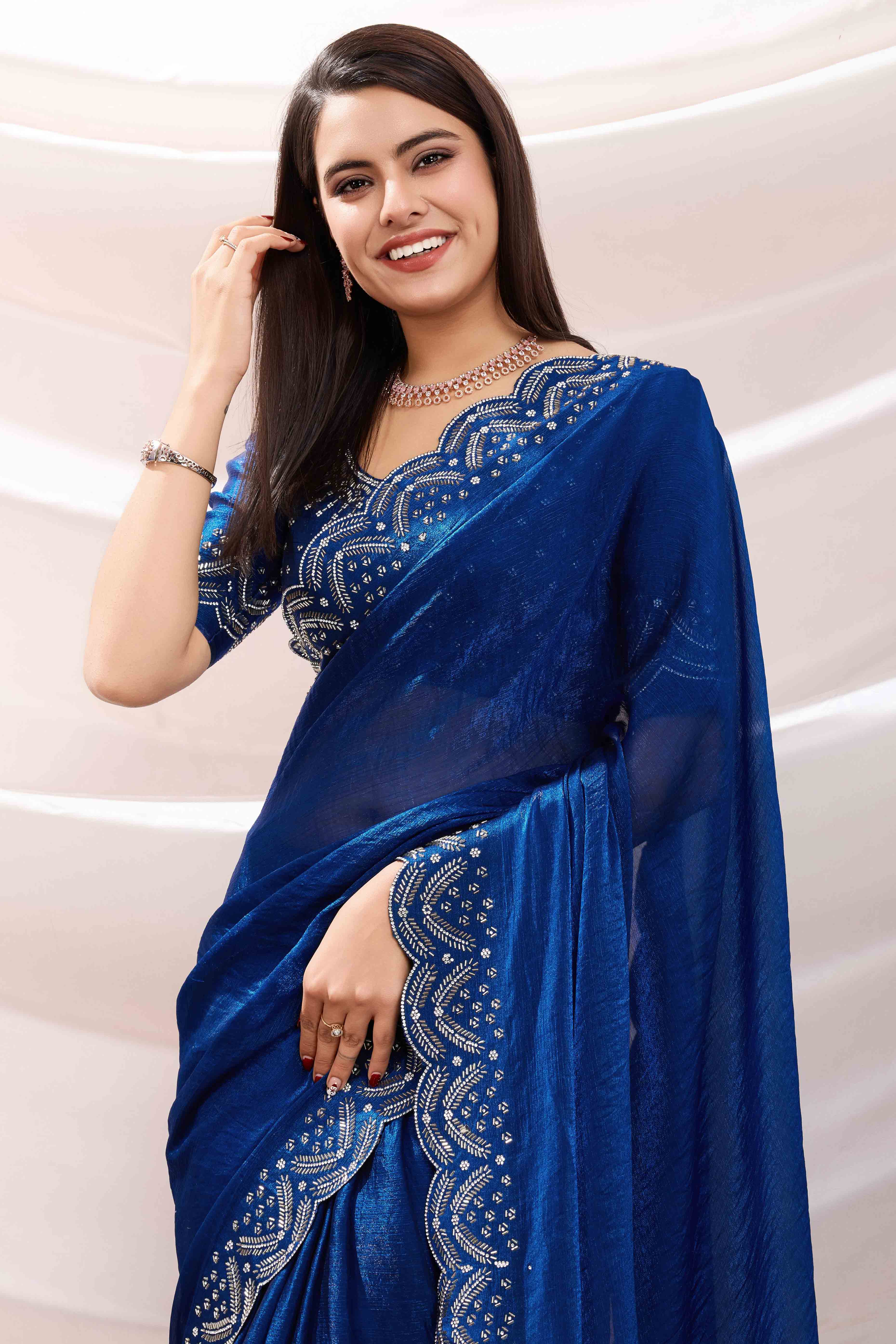 Blue Stone Work Embroidered Velvet Chiffon Saree