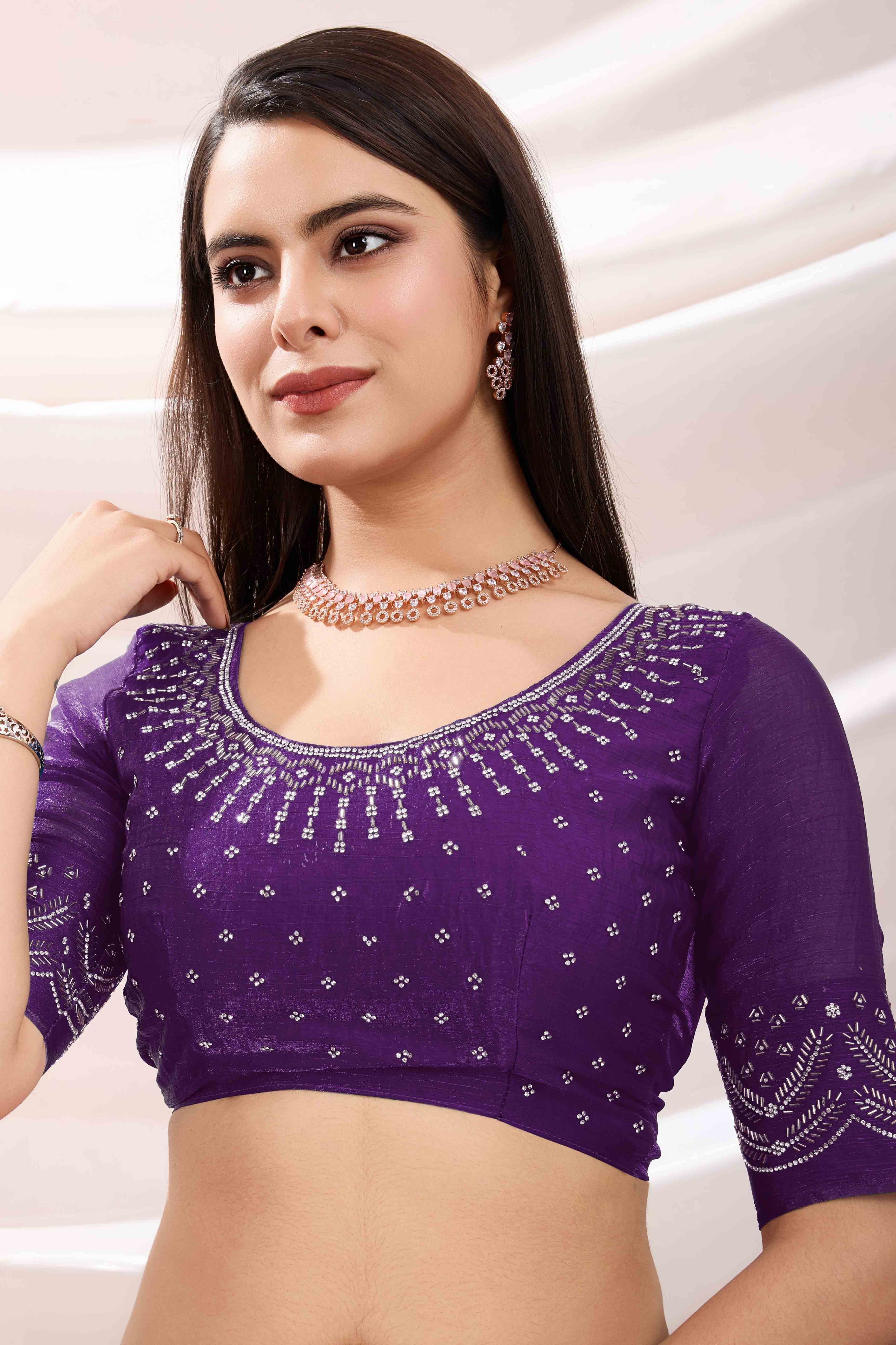 Purple Stone Work Embroidered Velvet Chiffon Saree