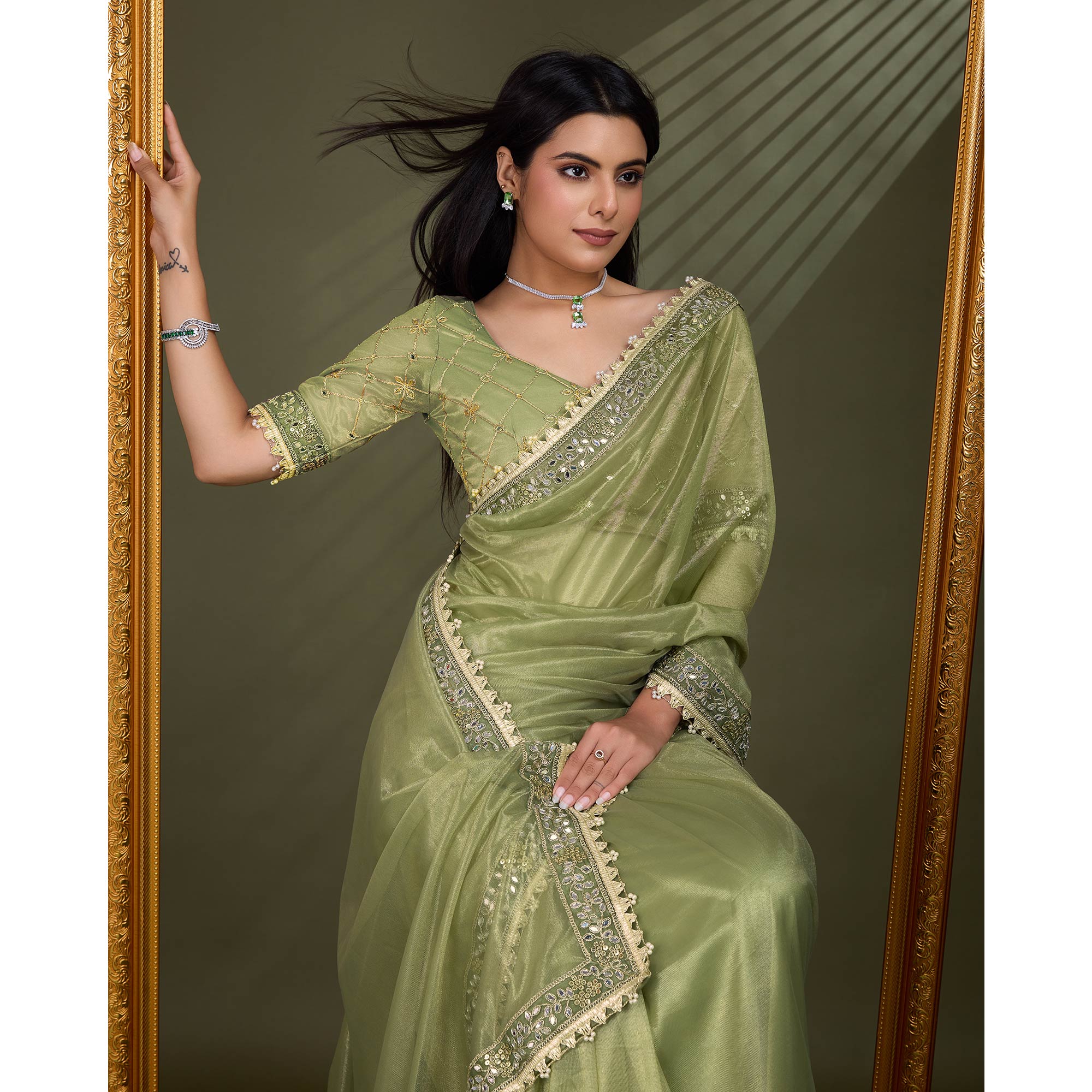 Green Sequins Embroidery With Mirror Handwork Twill Net Saree
