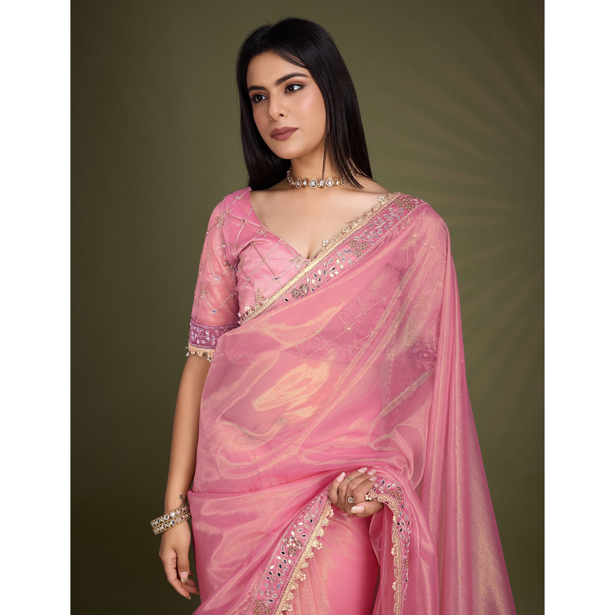 Light Pink Sequins Embroidery With Mirror Handwork Twill Net Saree