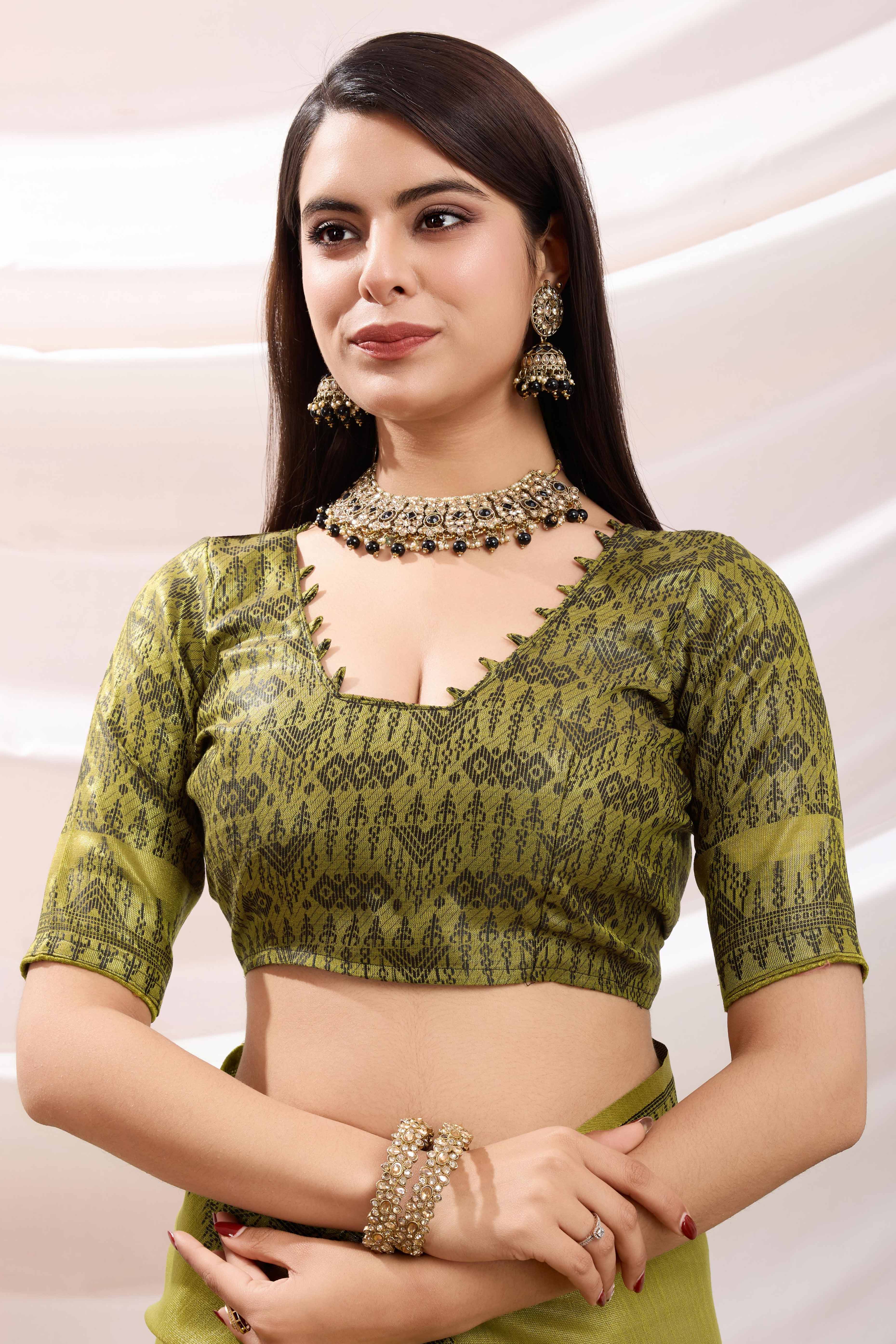 Green Festive Linen Tissue Saree with Zari Borders