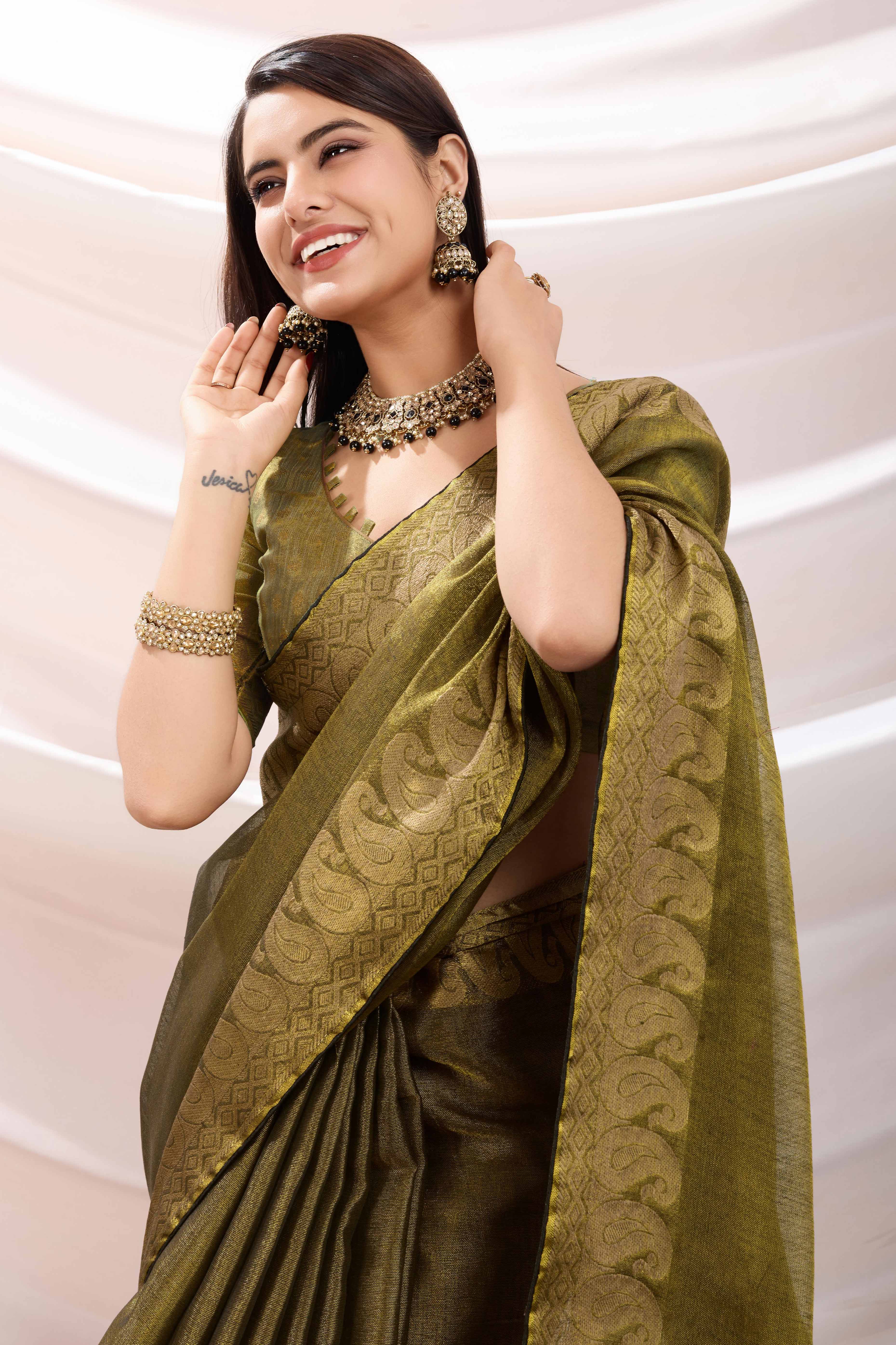Green Festive Linen Tissue Saree with Zari Borders