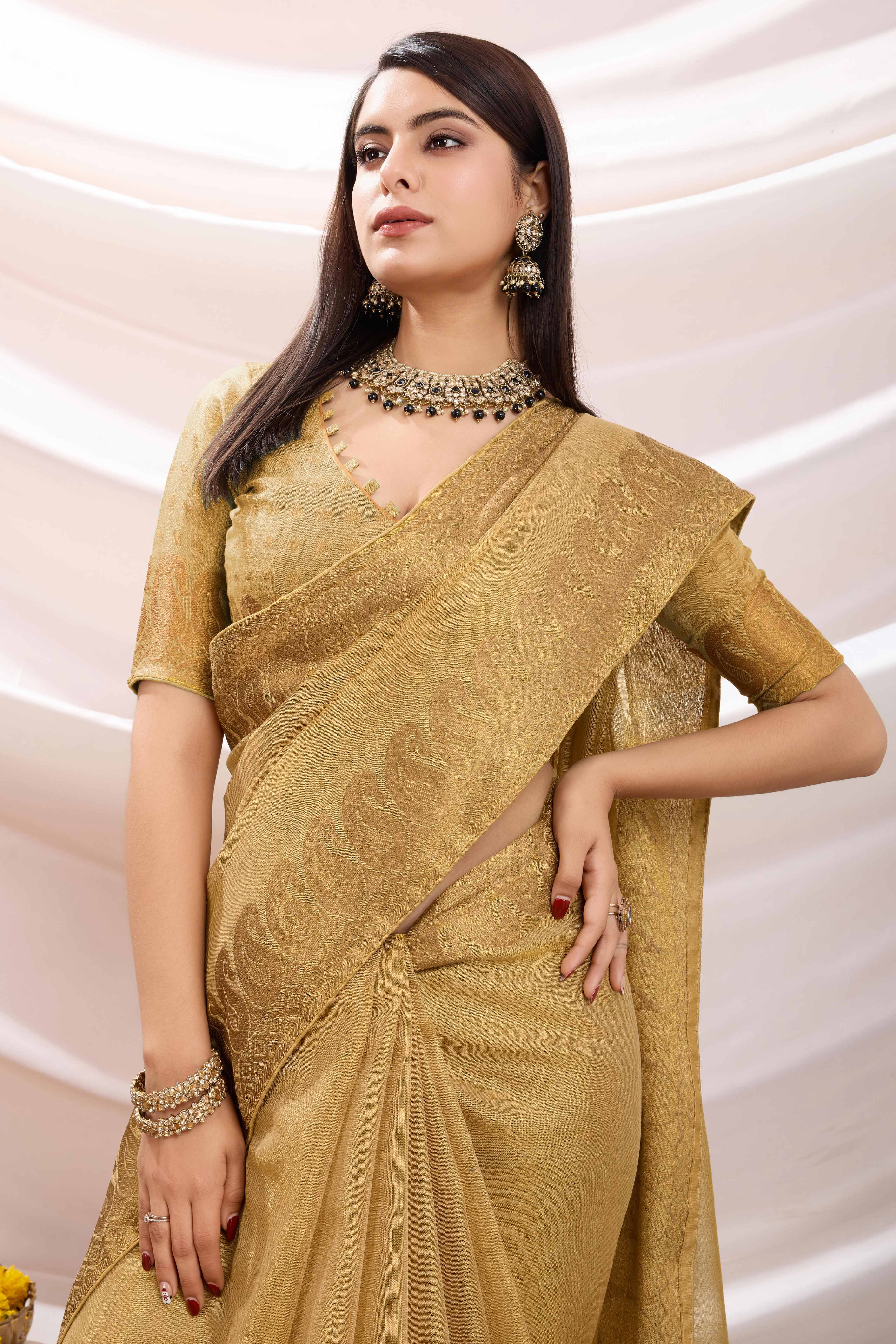 Beige Festive Linen Tissue Saree with Zari Borders