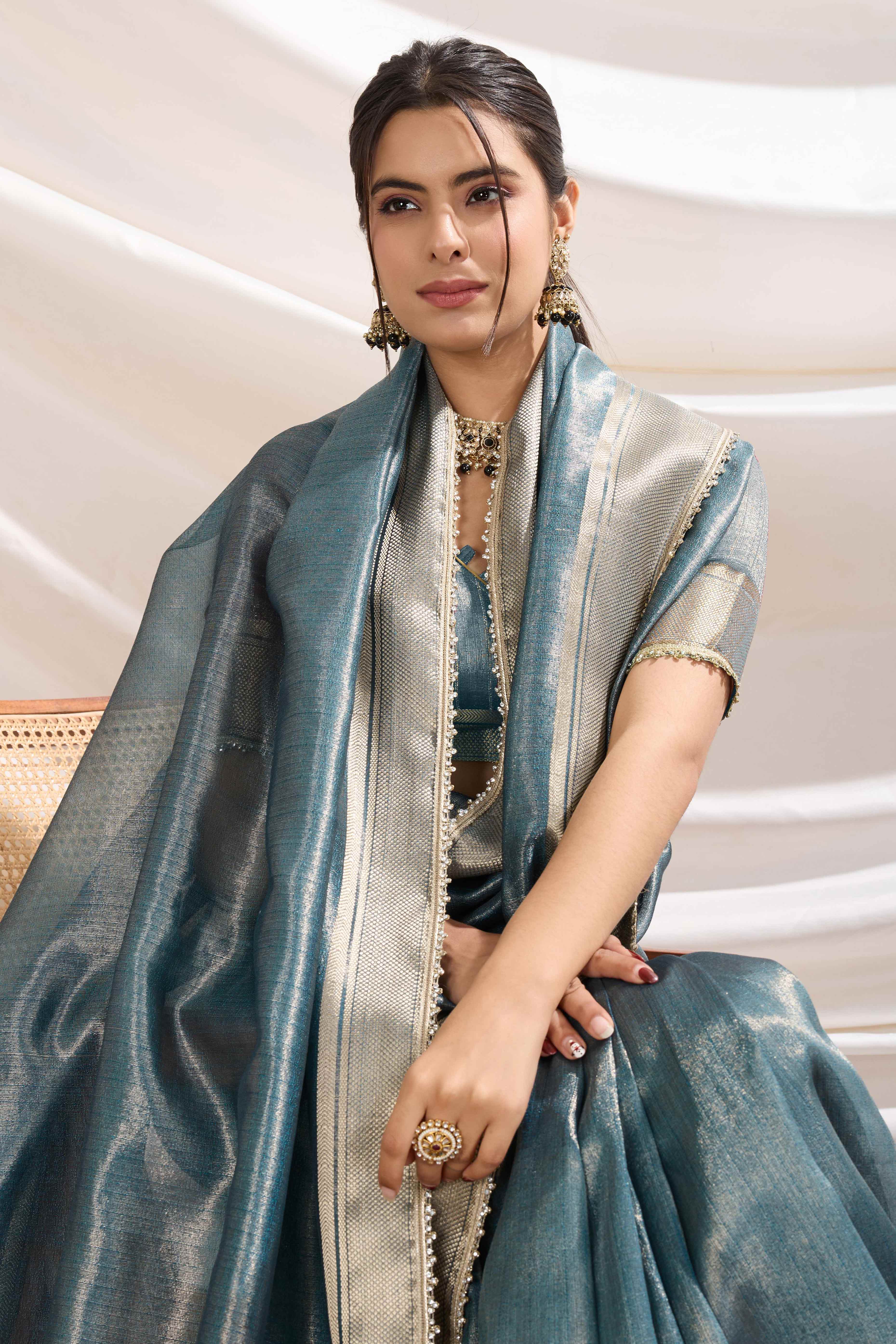 Blue Solid Linen Tissue Saree With Weaving & Zarkan Lace Border