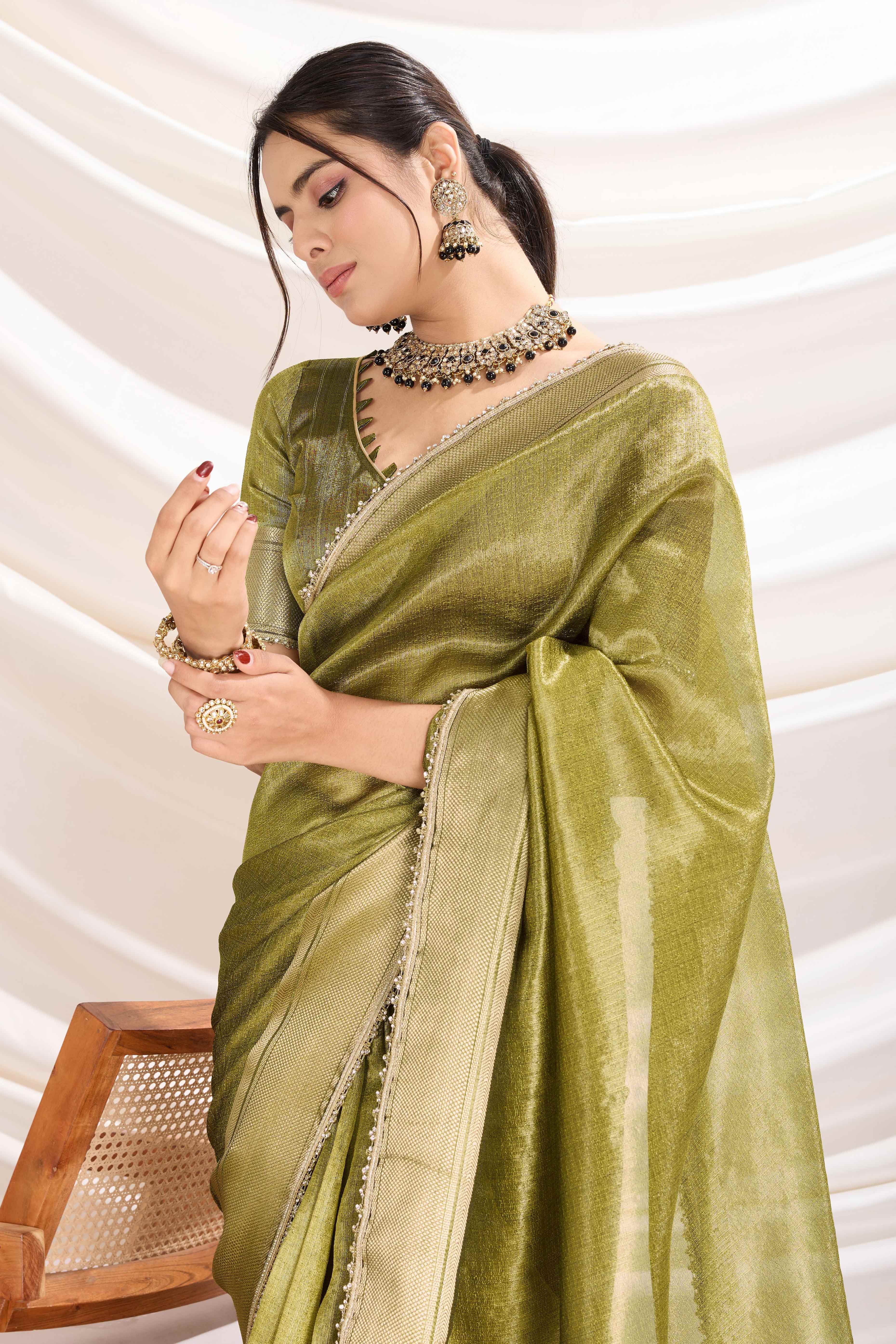 Green Solid Linen Tissue Saree With Weaving & Zarkan Lace Border
