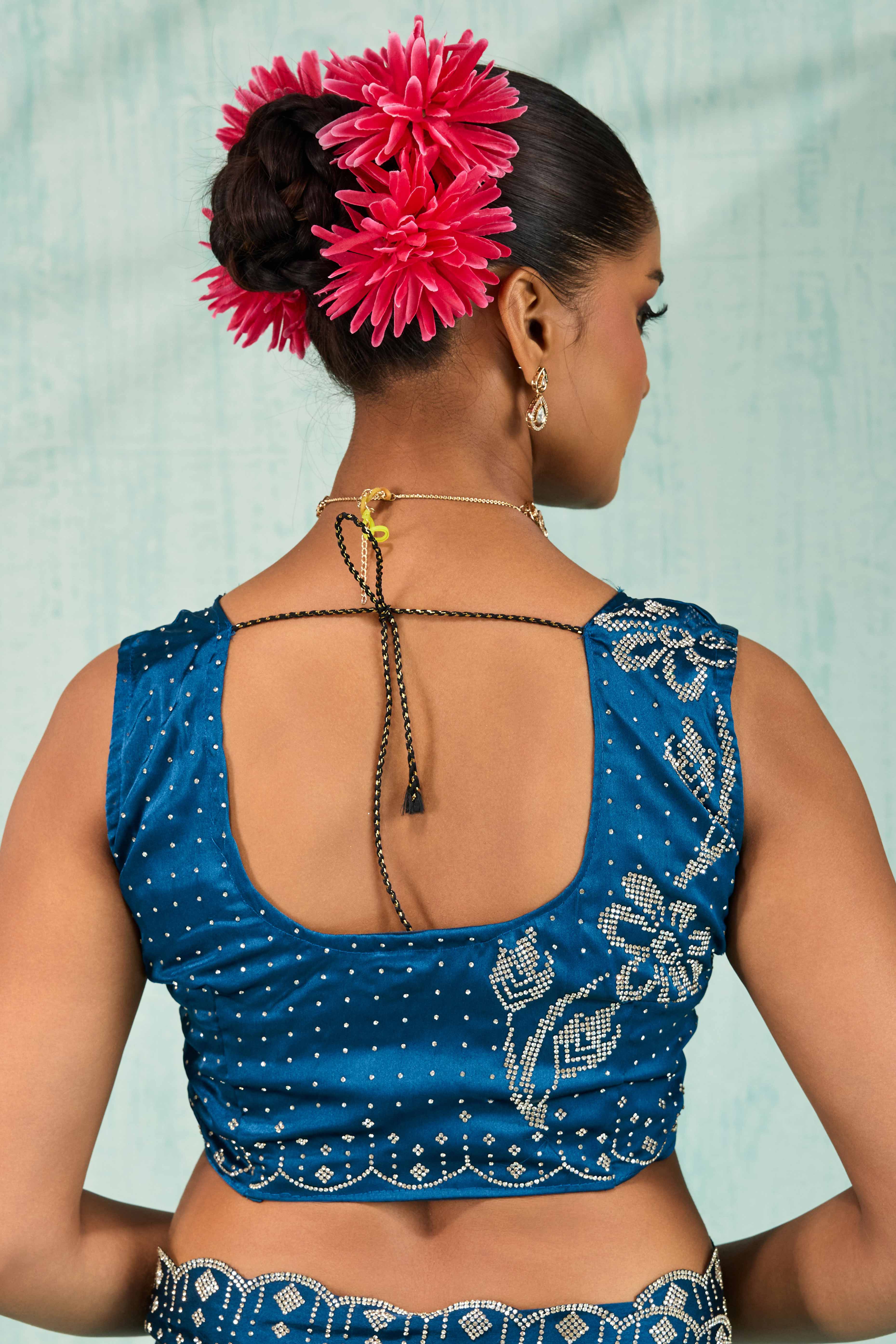 Morpich Blue Satin Ombre Saree Adorned With Rhinestone Crystal Handwork & Elegant Scalloped Border