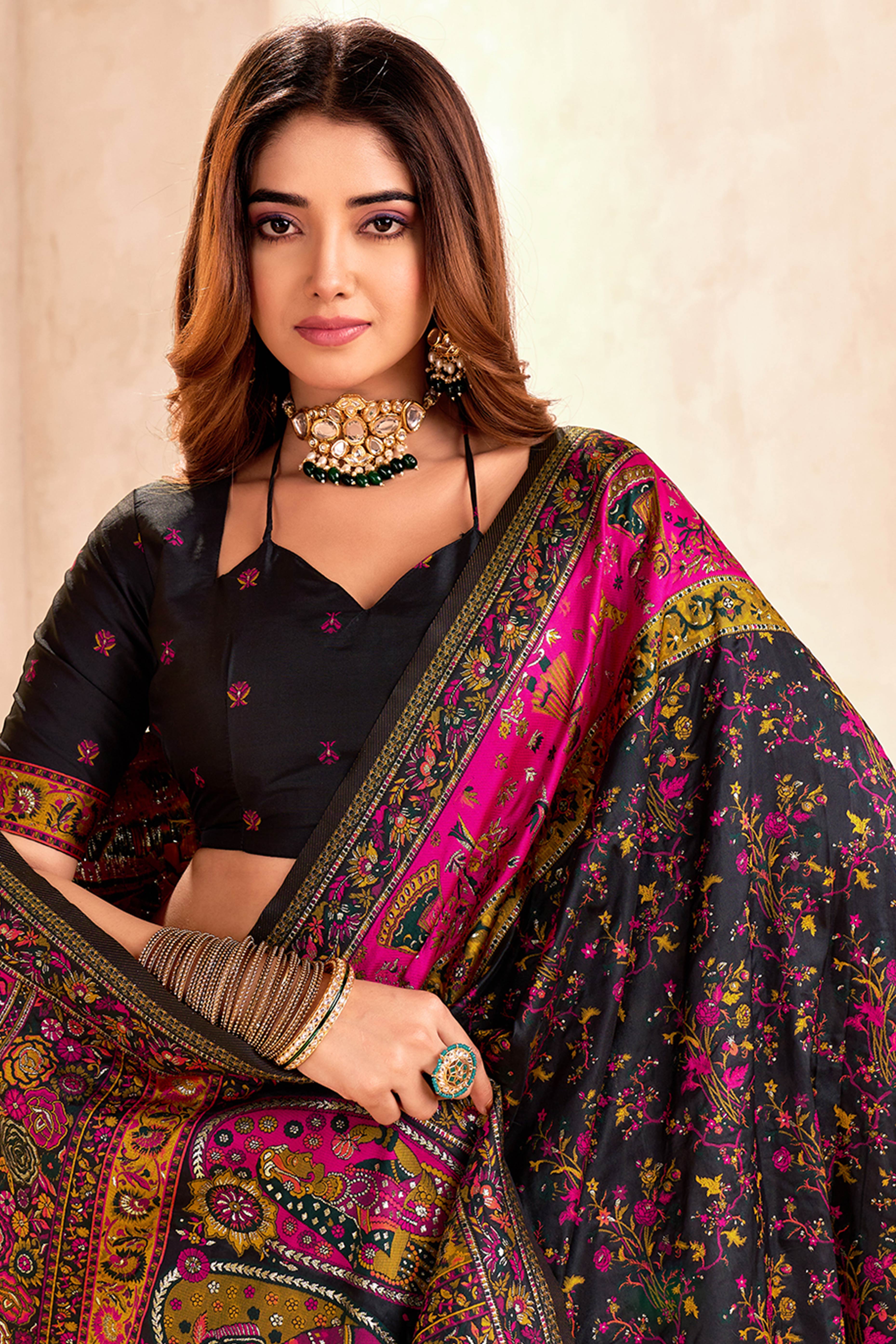 Traditional Black Rajwadi Weaving Pashmina Silk Saree With Kashmiri Pallu & Elegant Zari Border