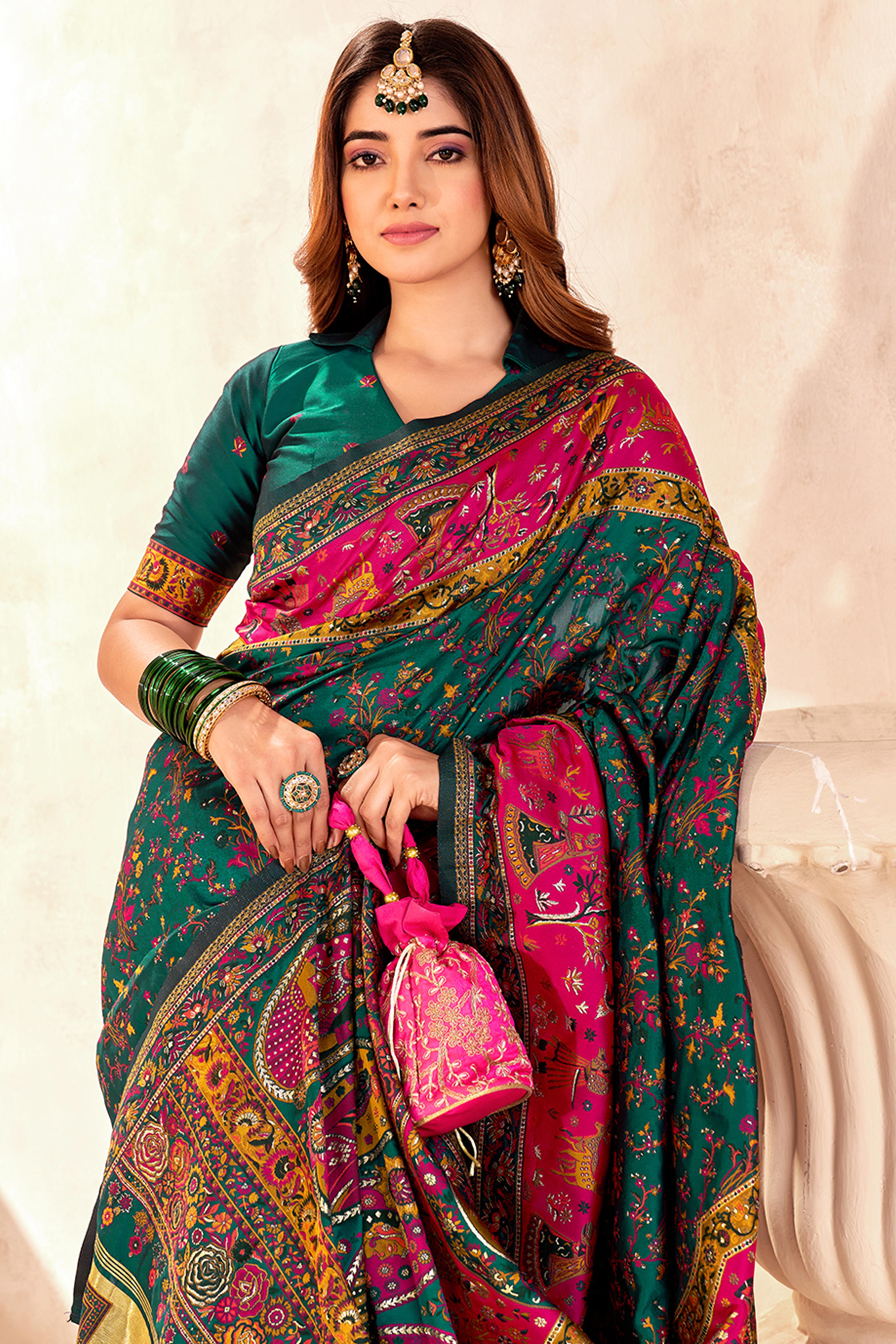 Traditional Green Rajwadi Weaving Pashmina Silk Saree With Kashmiri Pallu & Elegant Zari Border