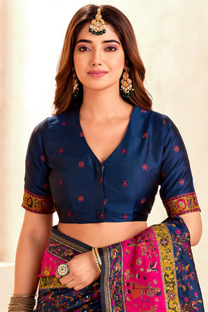 Traditional Navy Blue Rajwadi Weaving Pashmina Silk Saree With Kashmiri Pallu & Elegant Zari Border