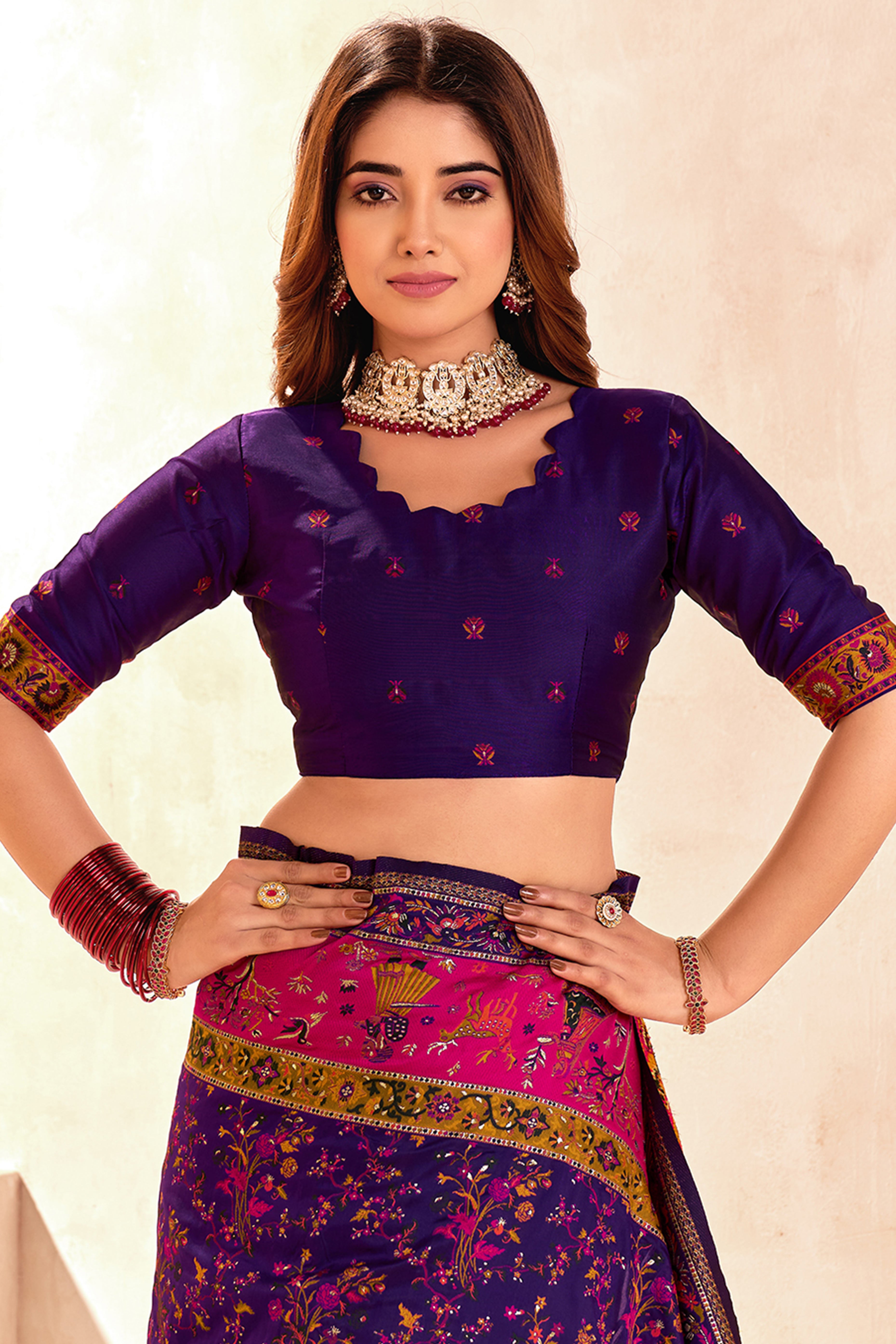 Traditional Purple Rajwadi Weaving Pashmina Silk Saree With Kashmiri Pallu & Elegant Zari Border