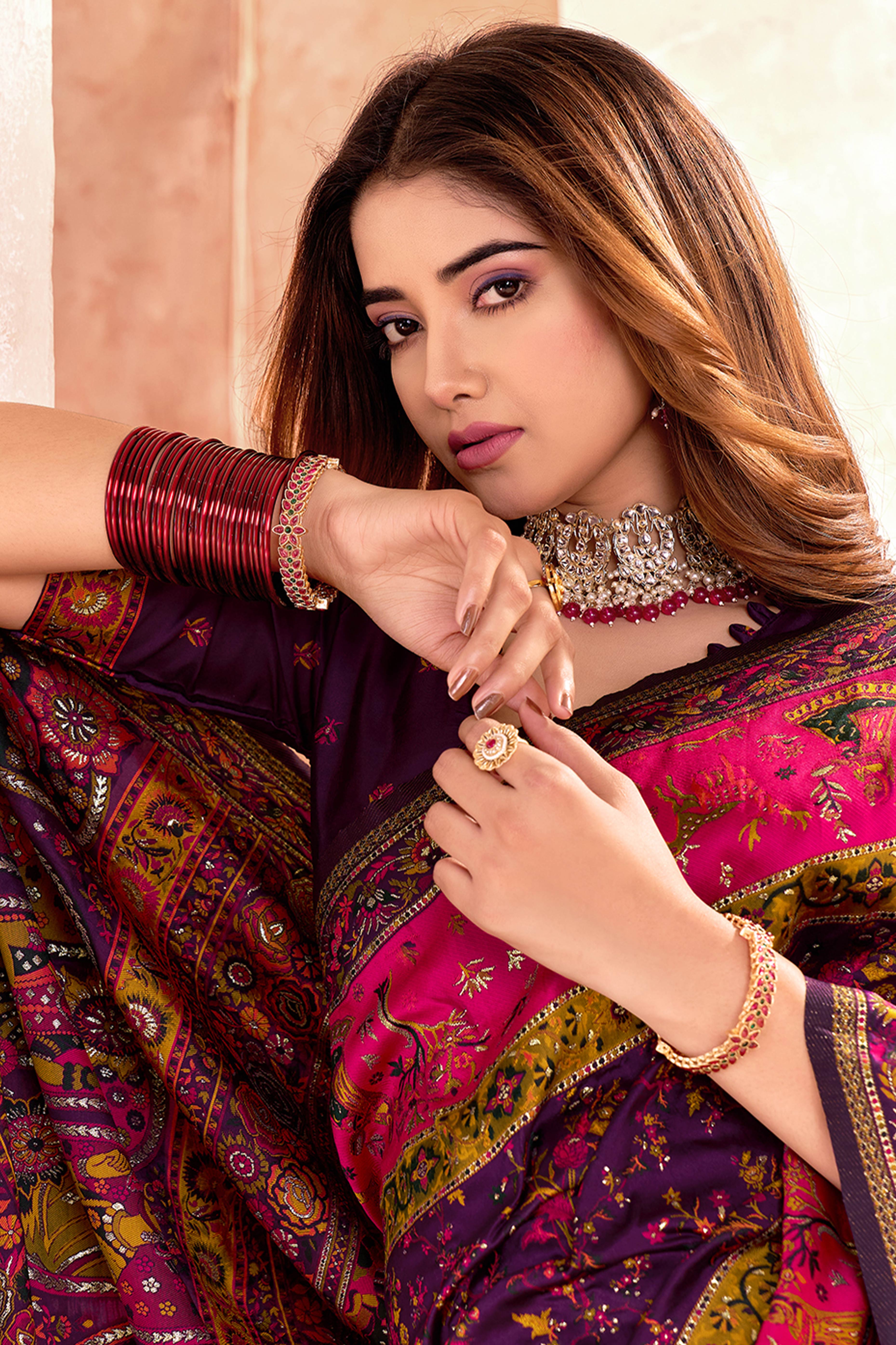 Traditional Wine Rajwadi Weaving Pashmina Silk Saree With Kashmiri Pallu & Elegant Zari Border