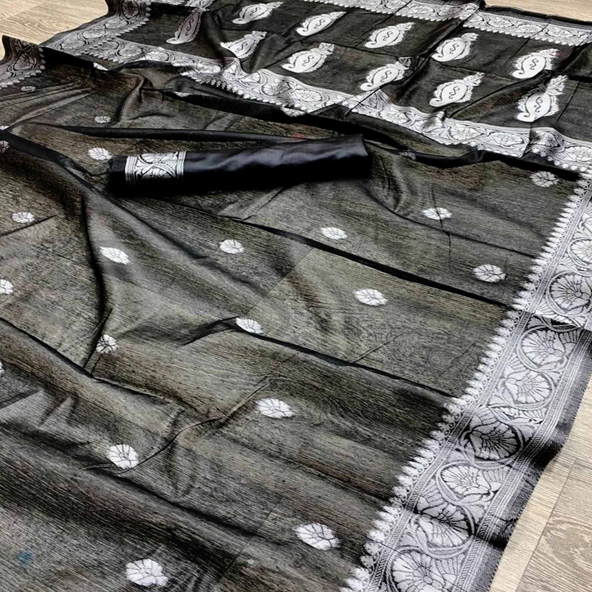Black Soft Linen Saree Featuring Butti Pattern & Zari Weave