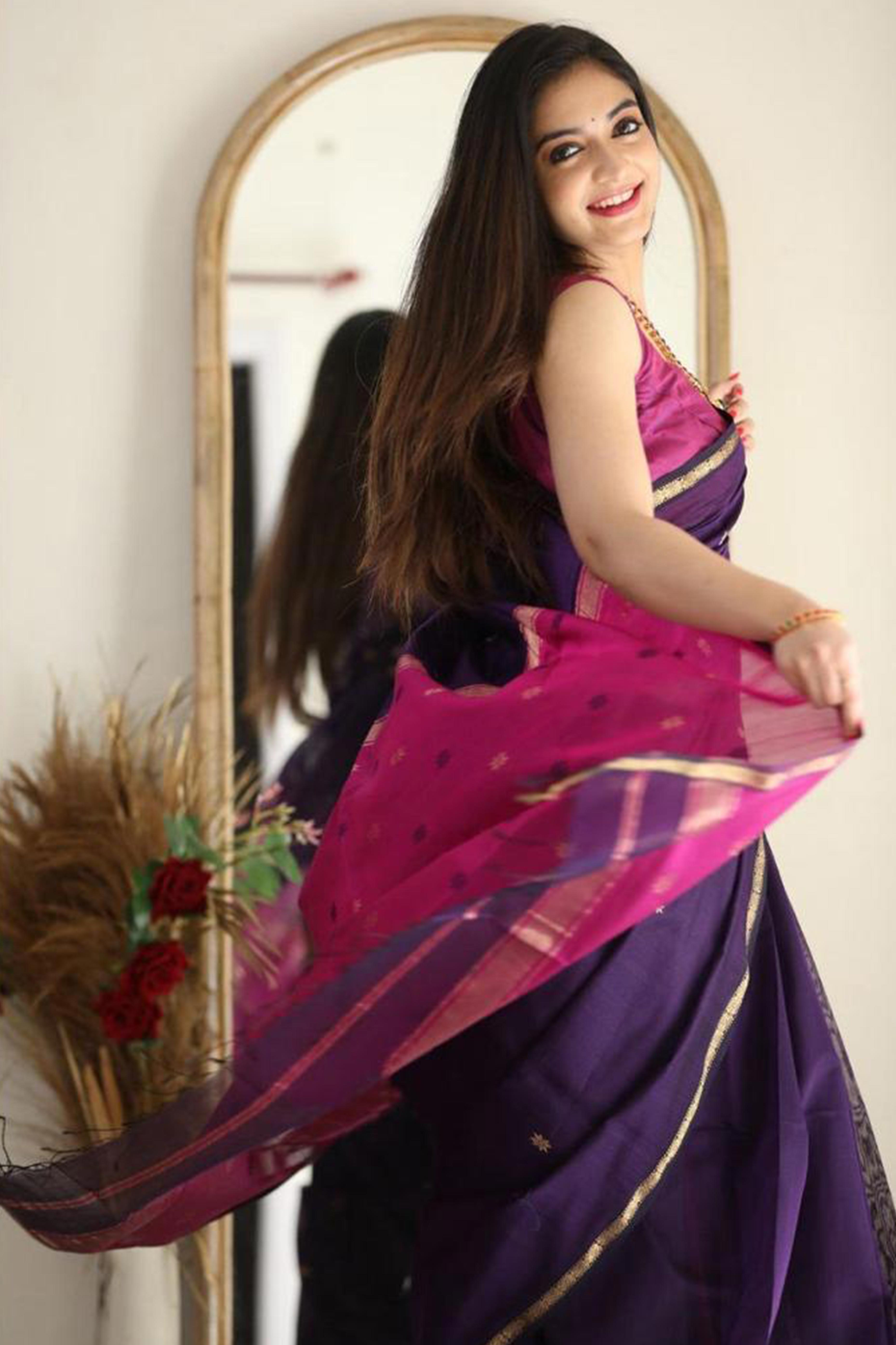 Deep Purple Zari Woven Butti Saree in Breathable and Elegant Linen Cotton Fabric