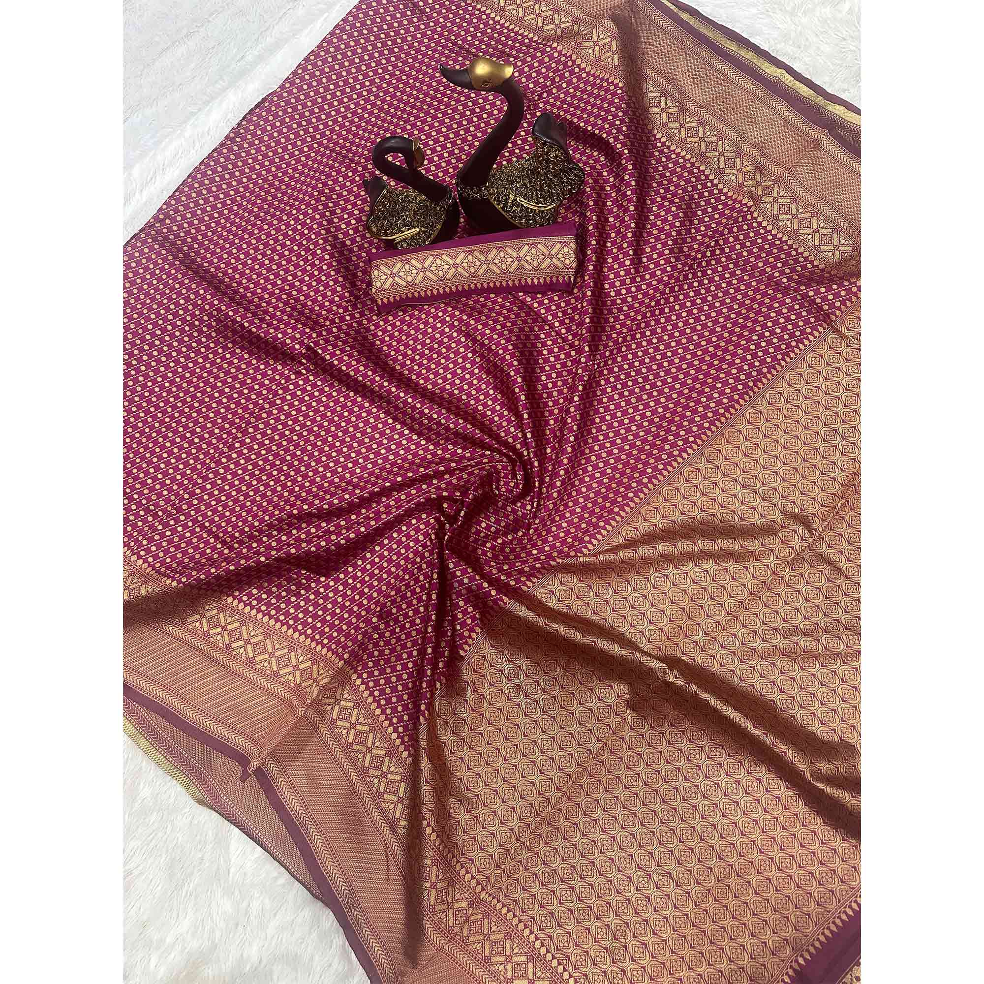 Luxurious Wine Zari Woven Lichi Banarasi Silk Saree