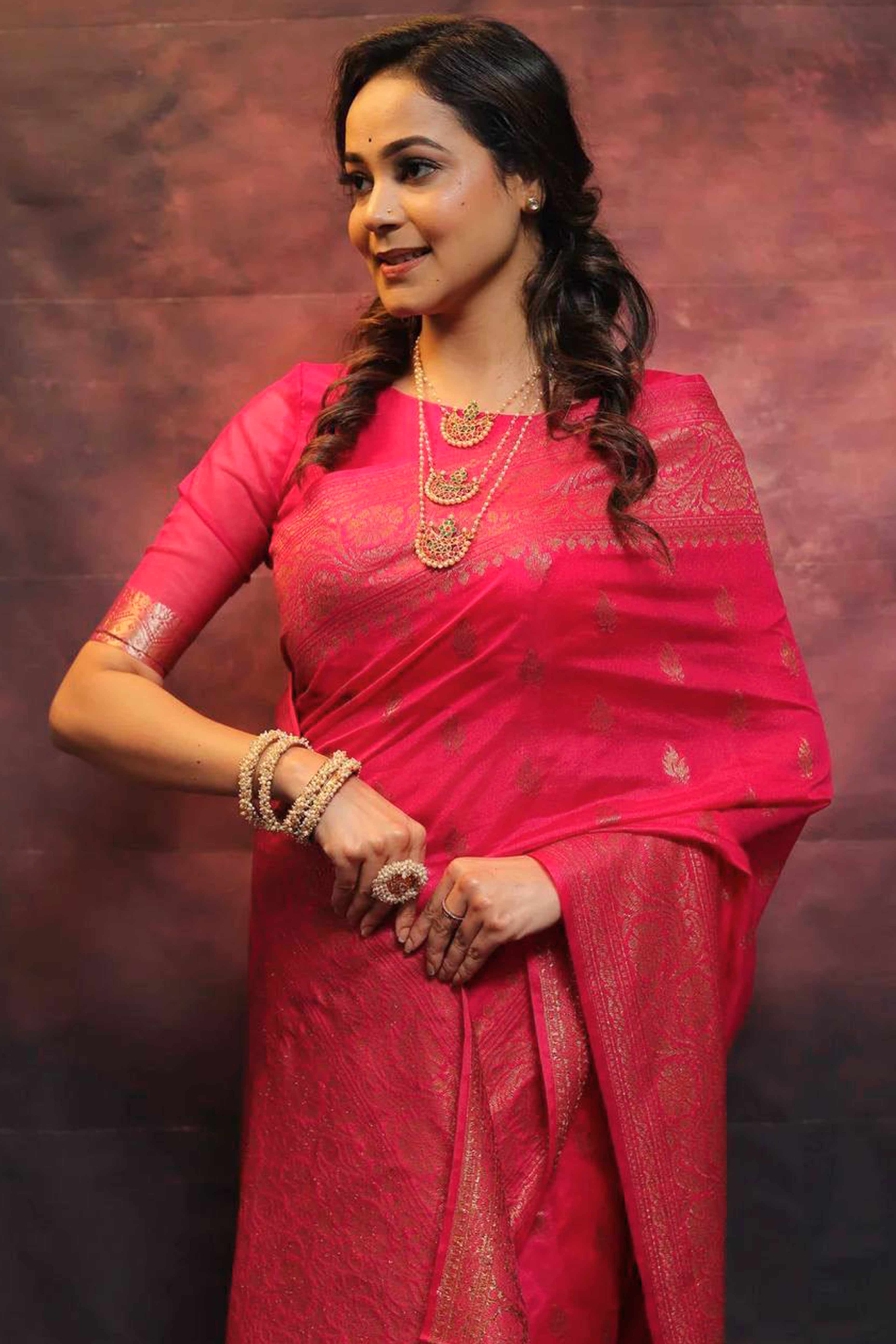 Pink Organic Banarasi Silk Saree with Floral Zari Accents