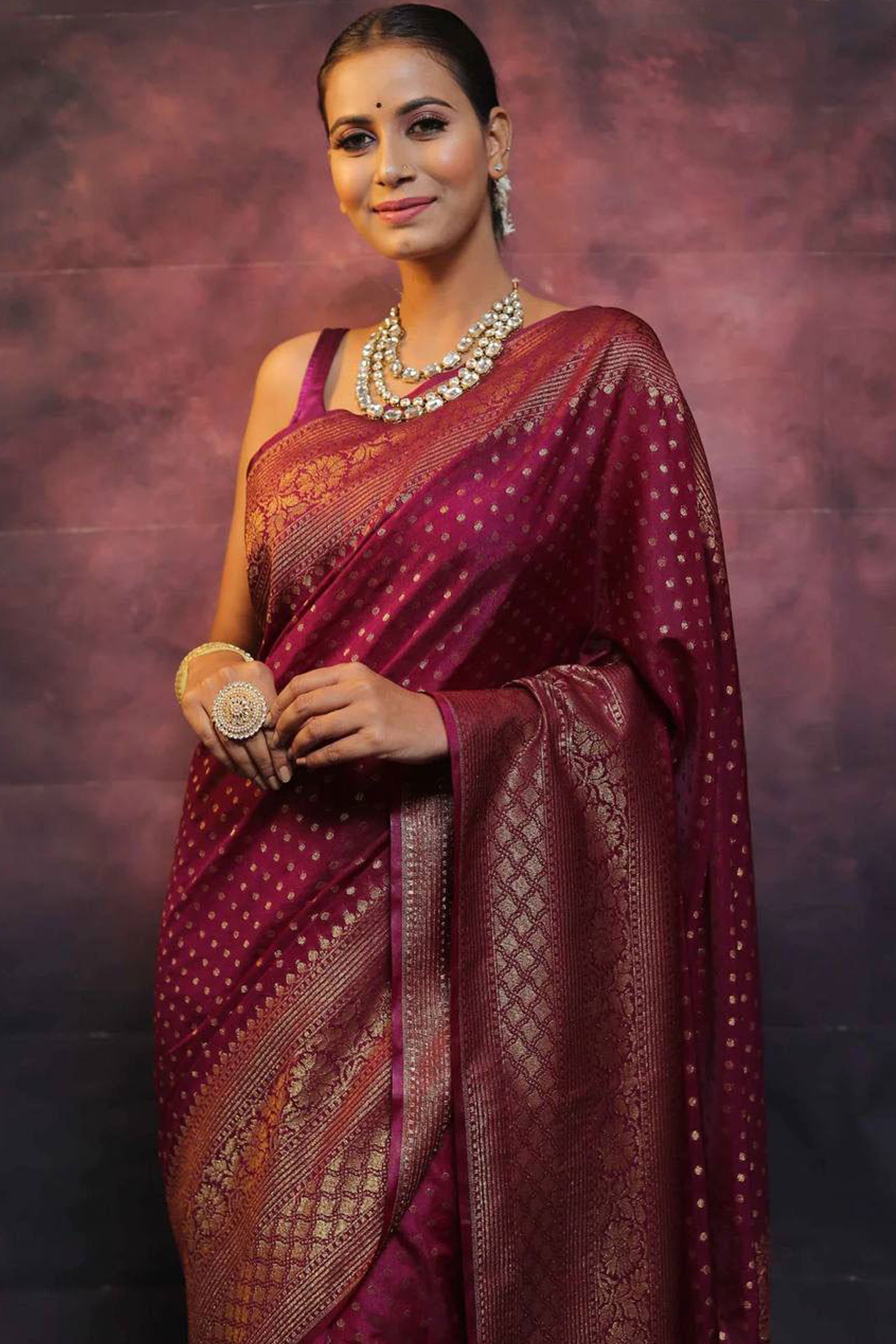 Wine Floral Woven Lichi Banarasi Silk Saree