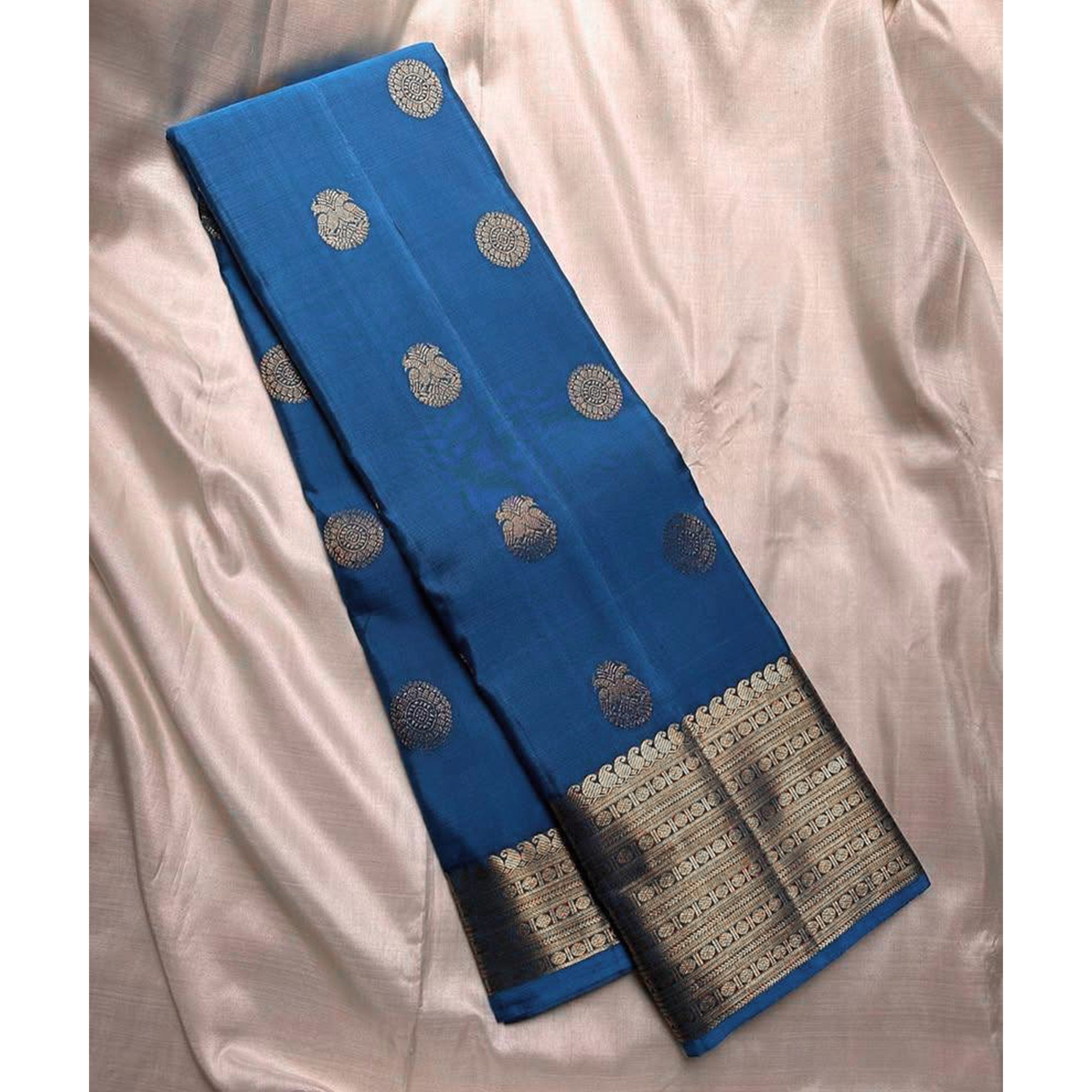 Morpich Blue Floral Woven Lichi Banarasi Silk Saree