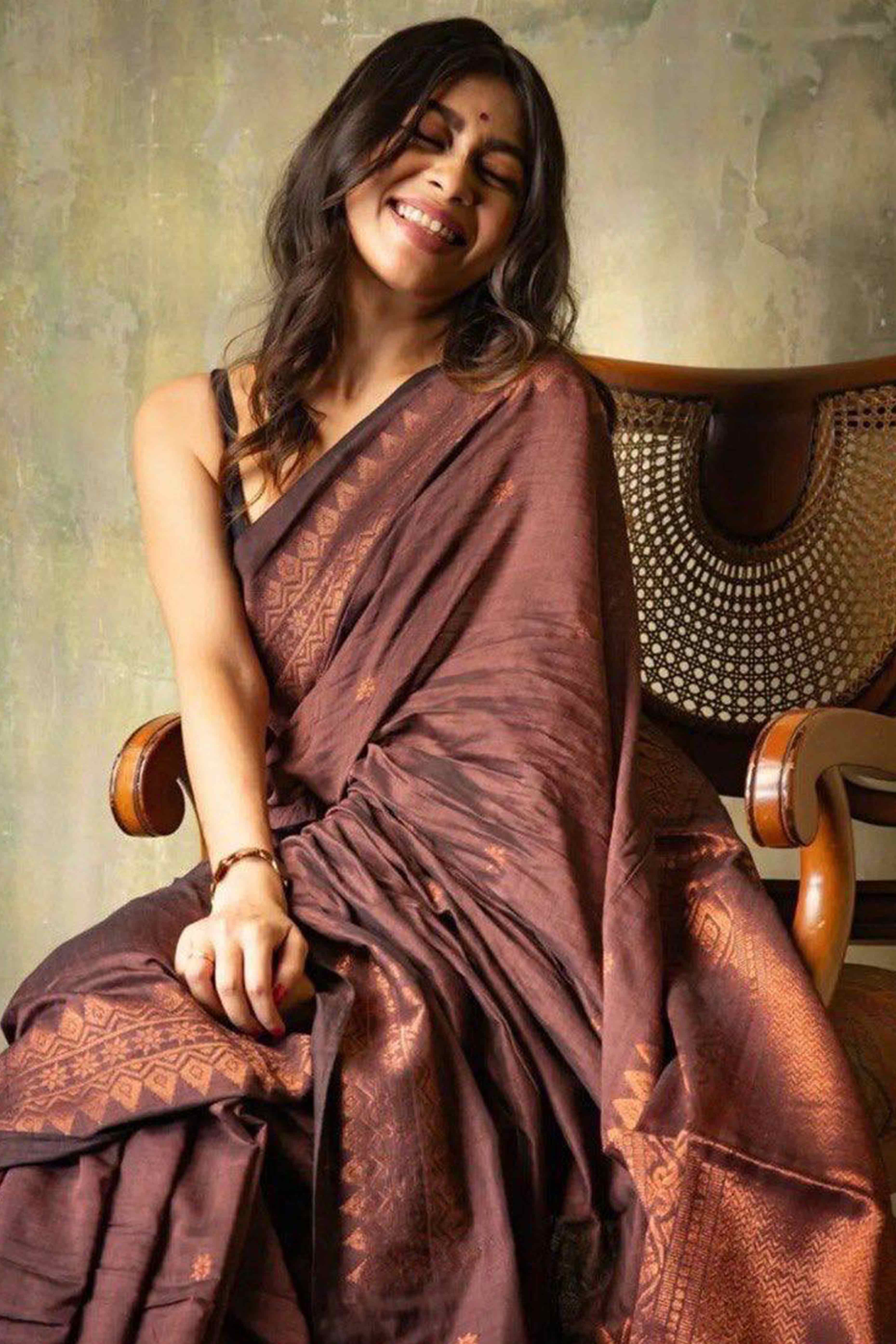 Brown Floral Woven Lichi Banarasi Silk Saree