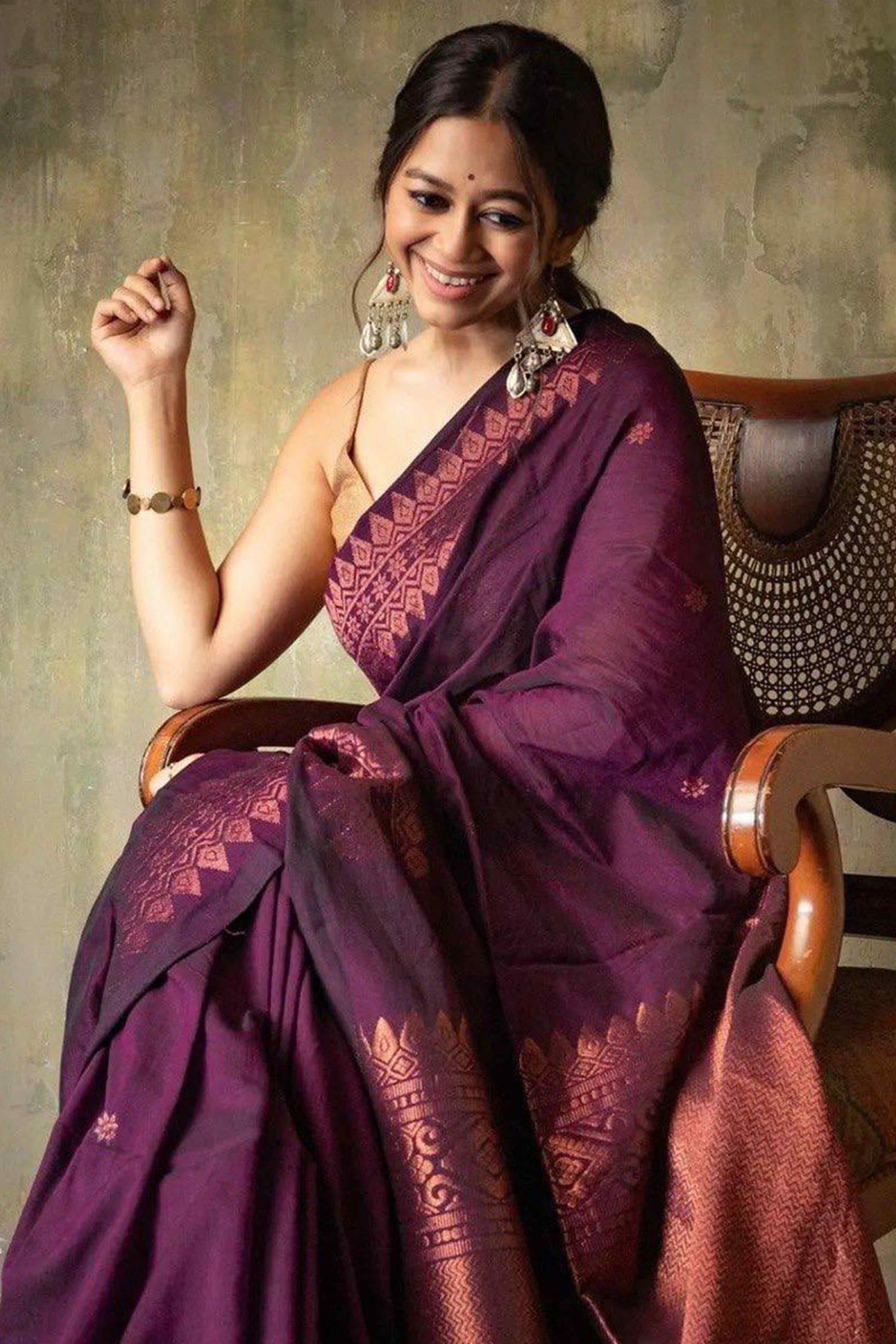 Wine Floral Woven Lichi Banarasi Silk Saree