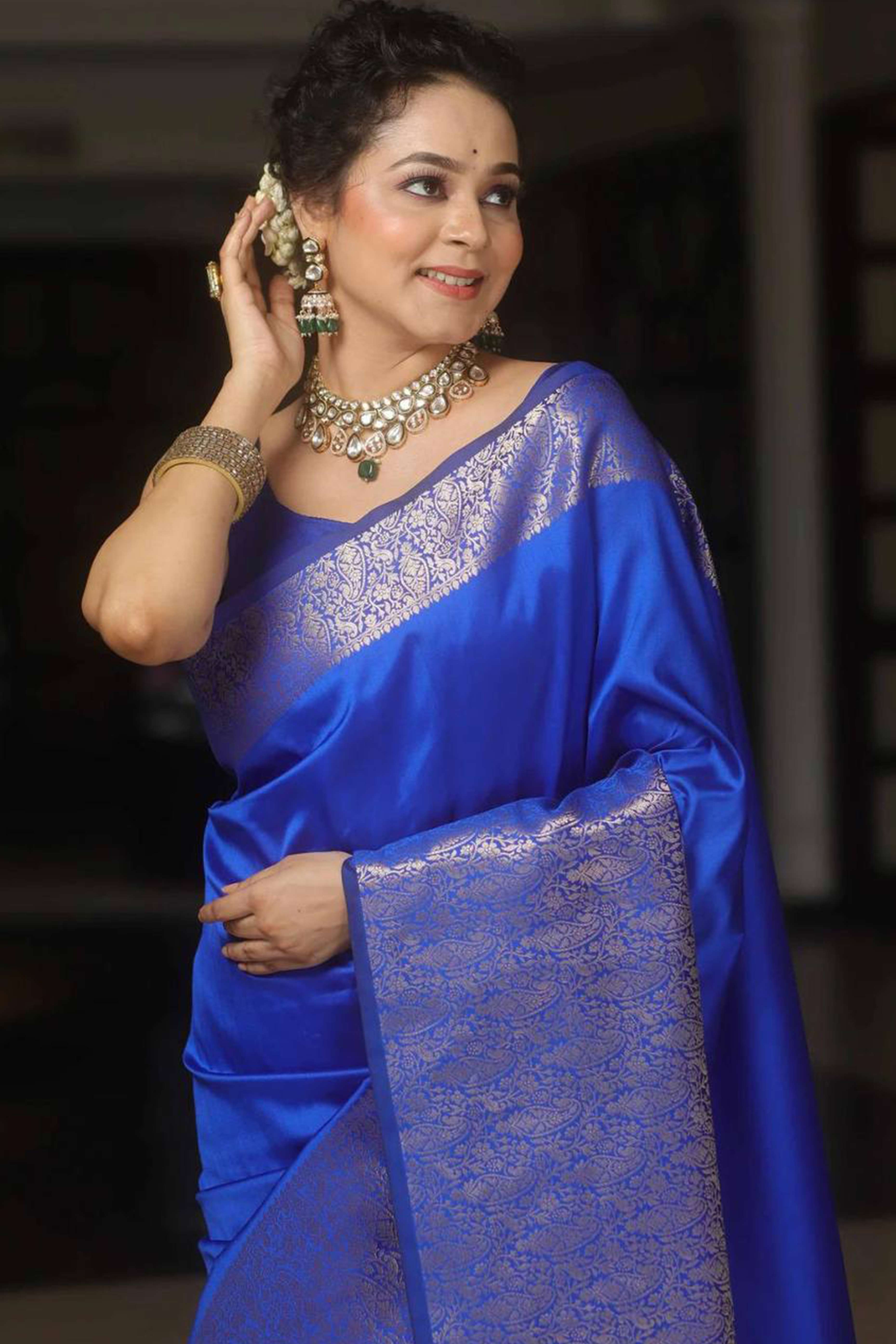 Blue Floral Woven Border Lichi Banarasi Silk Saree